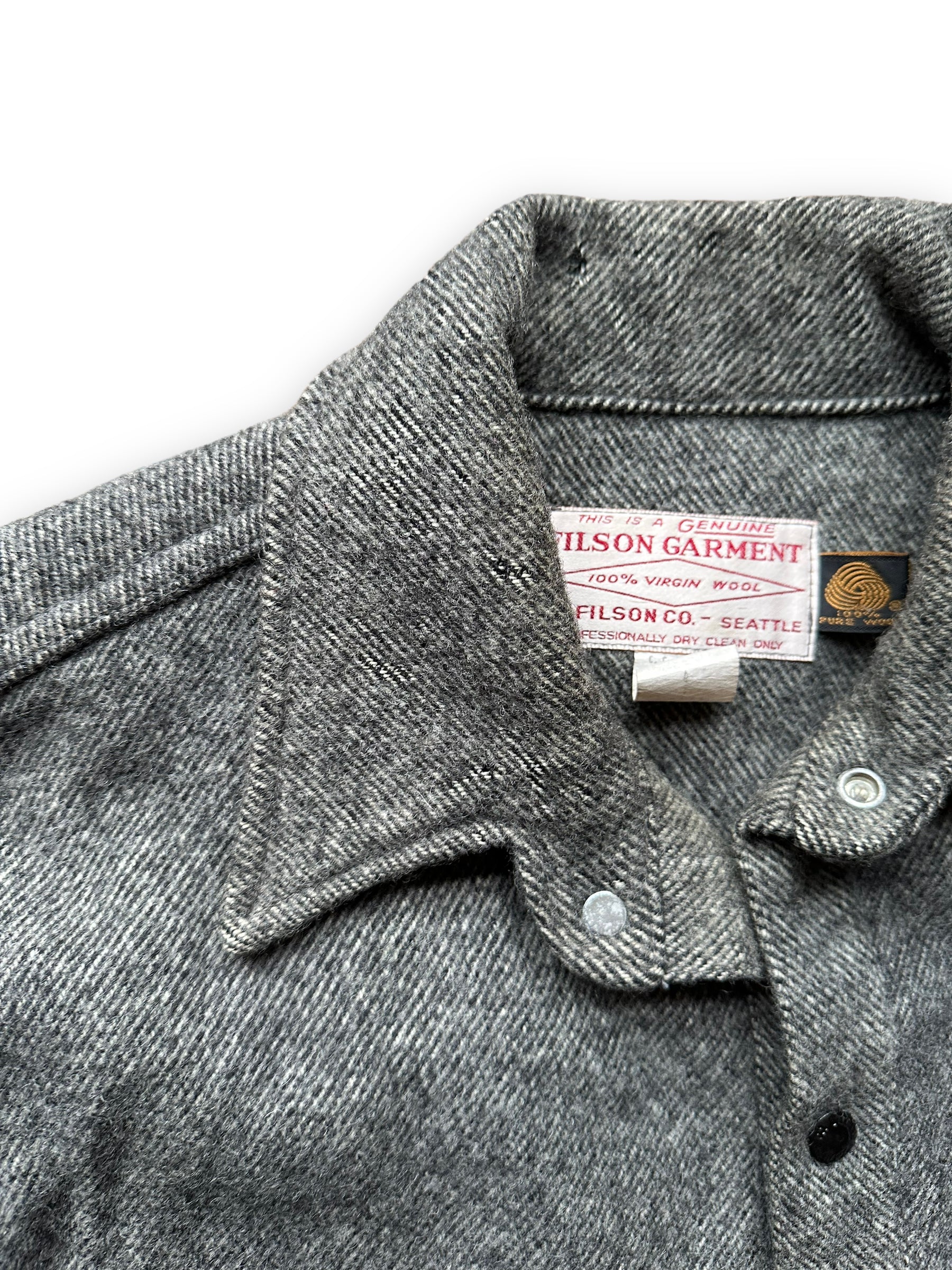 Moth Bites on Neck of Vintage Filson Grey Herringbone Cape Coat SZ Large  |  Barn Owl Vintage Goods | Vintage Wool Workwear Seattle