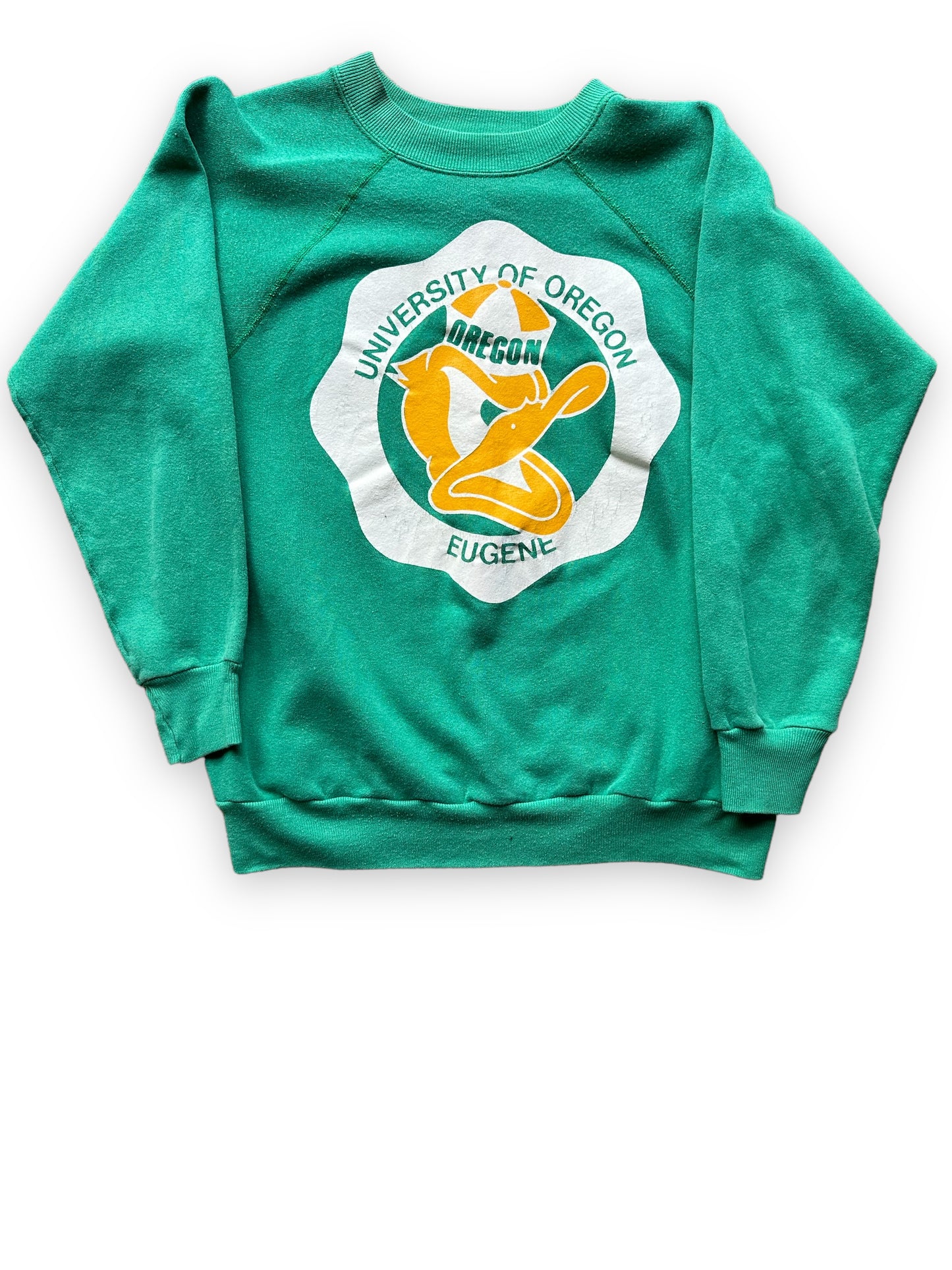 Front View of Vintage University of Oregon Green Crewneck Sweatshirt SZ L | Seattle Vintage Crewnecks | Barn Owl Vintage Seattle