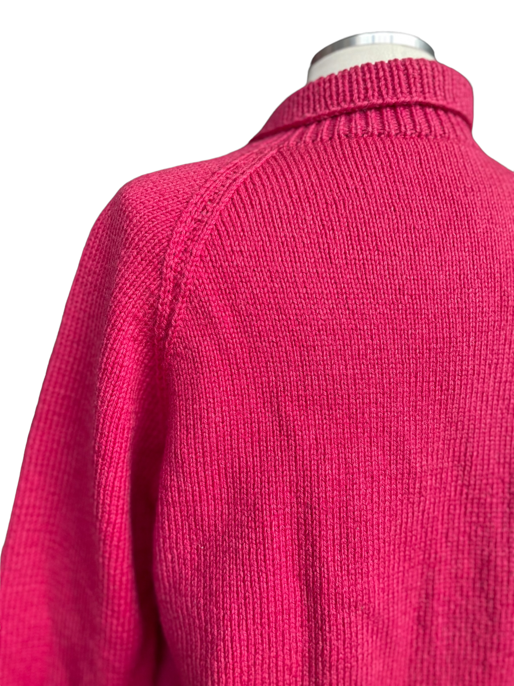 Left rear shoulder view Vintage 1940's Wool Hand Knit Magenta Zip Up Cardigan Sweater | Barn Owl Vintage | Seattle True Vintage