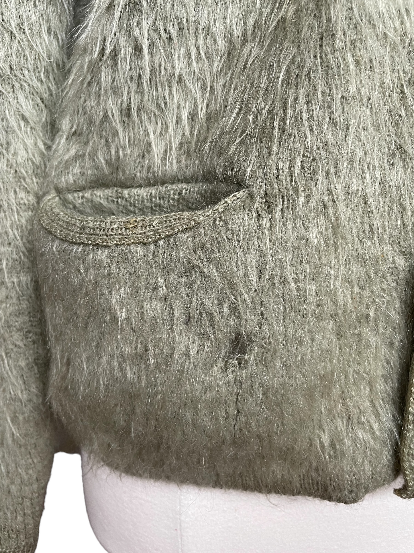 Wear on Pocket of Vintage McGregor Powder Snow Mohair Cardigan SZ M | Barn Owl Vintage | Vintage Mohair Cardigan