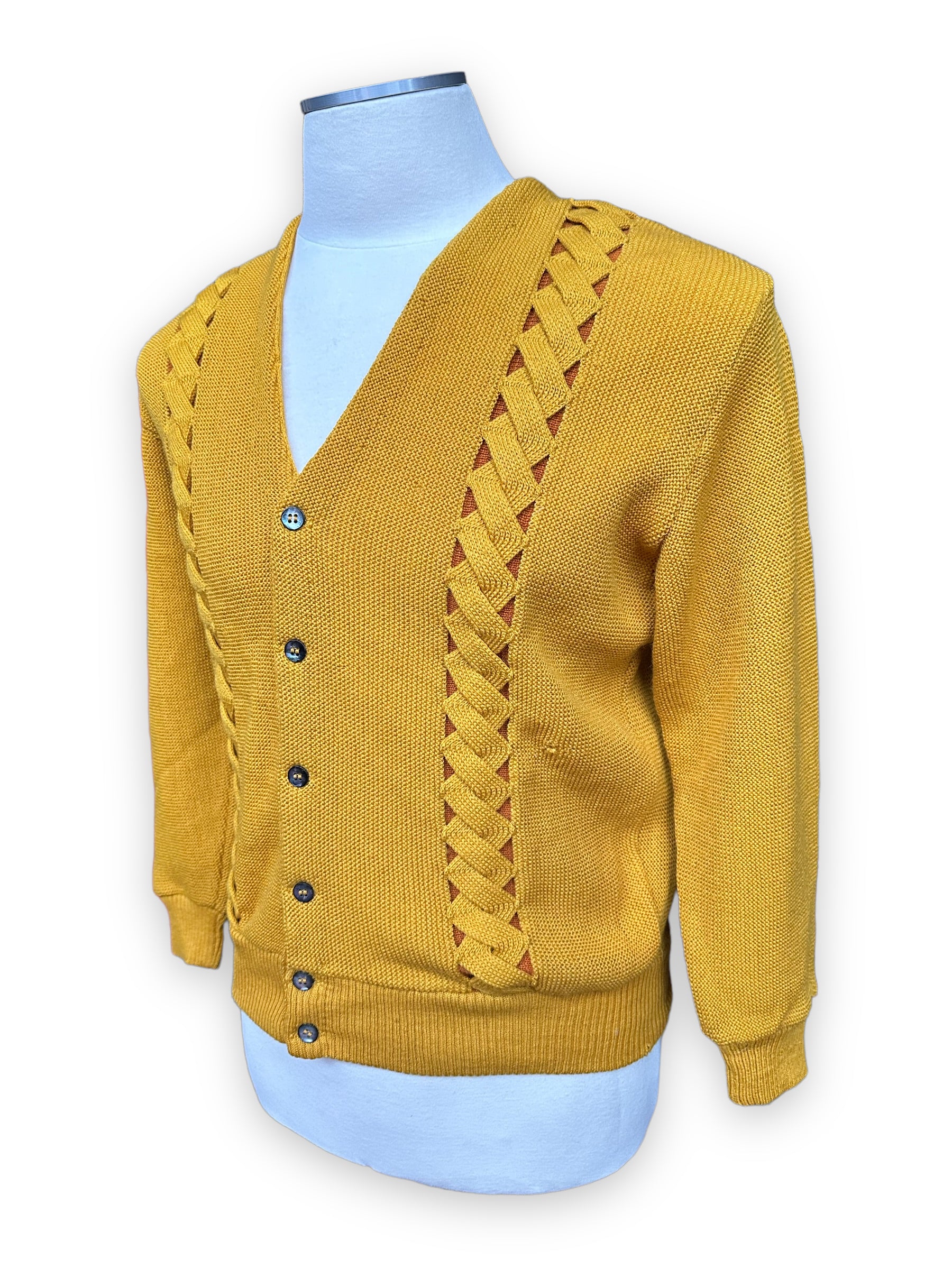 Left Front Quarter View of Vintage Seattle Knitting Mills Golden Double Helix Wool Sweater SZ M |  Vintage Cardigan Sweaters Seattle | Barn Owl Vintage Seattle