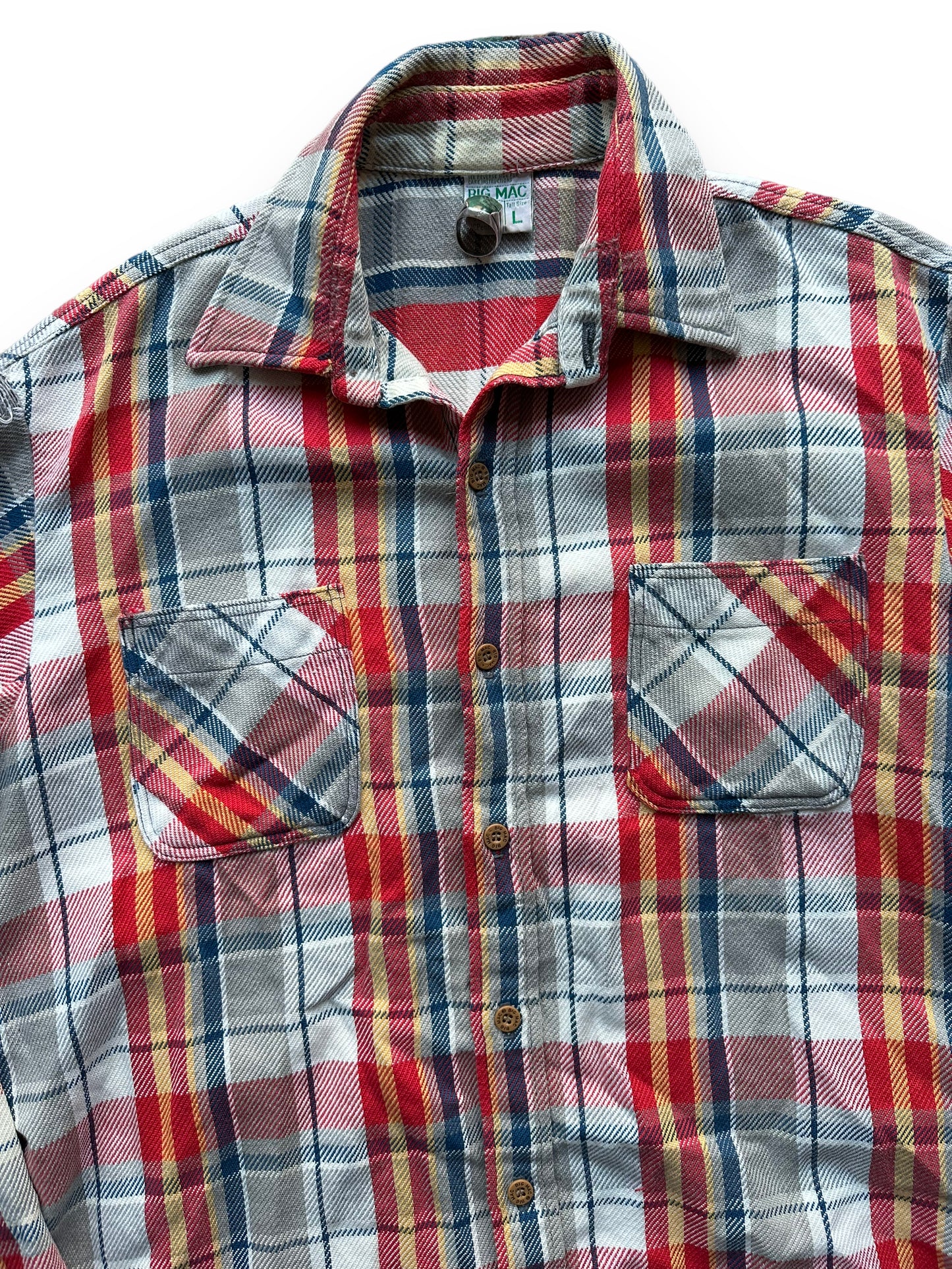 Upper Front Chest View on Vintage Grey, Red, Yellow & Blue Big Mac Cotton Flannel SZ L Tall | Vintage Cotton Flannel Seattle | Barn Owl Vintage Seattle