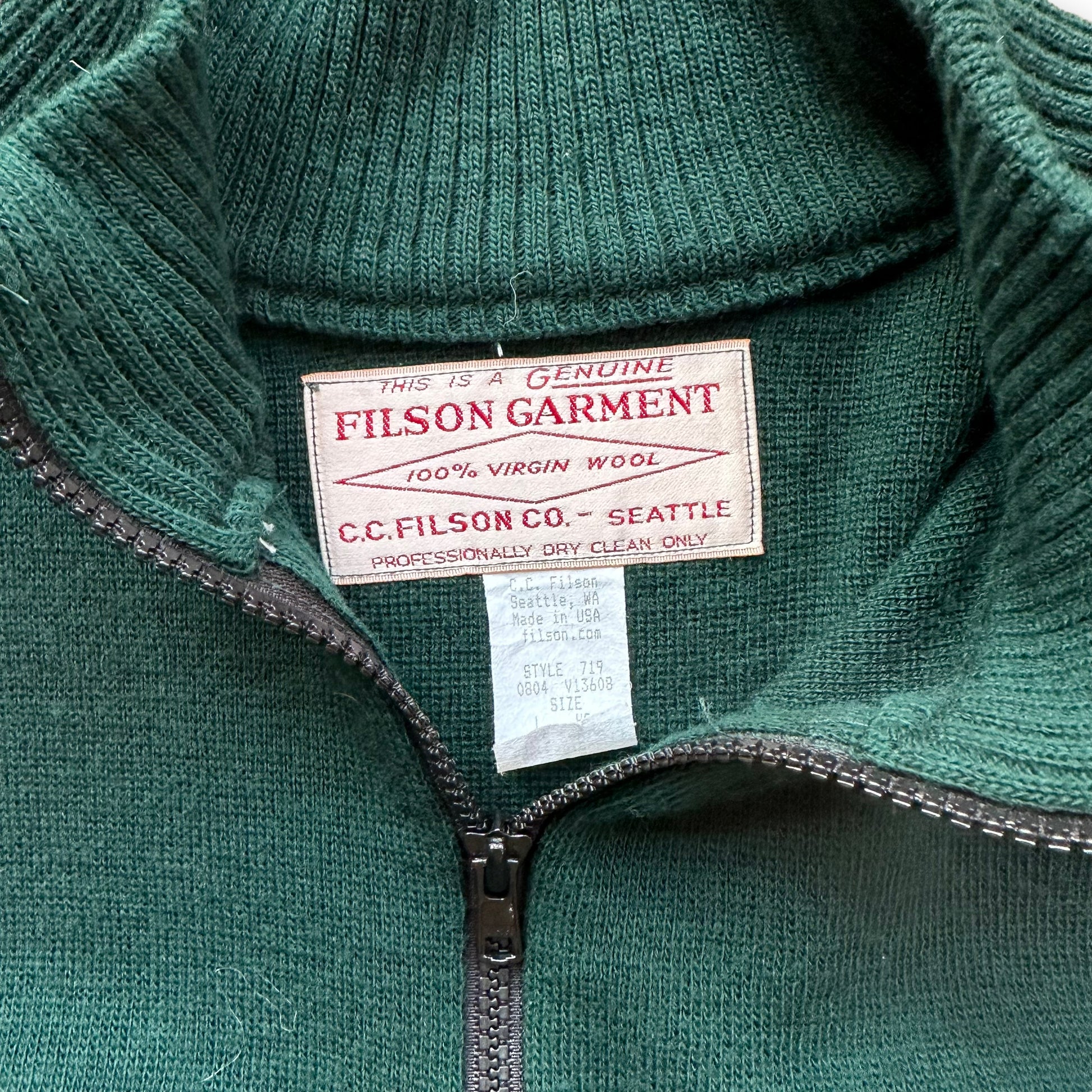 Tag View on Filson Style 719 Dark Green Sweater SZ L |  Vintage Filson Workwear Seattle | Barn Owl Vintage