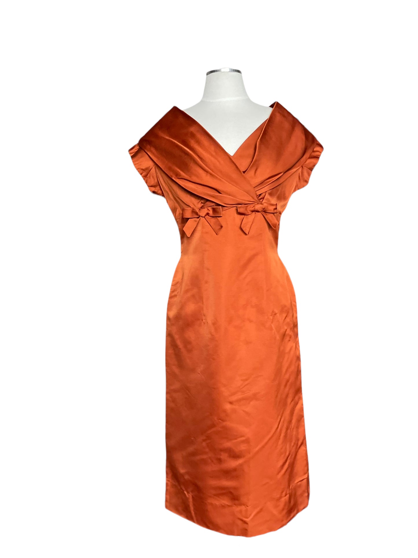 Full front view of Vintage 1950s Burnt Orange Silk Dress SZ M