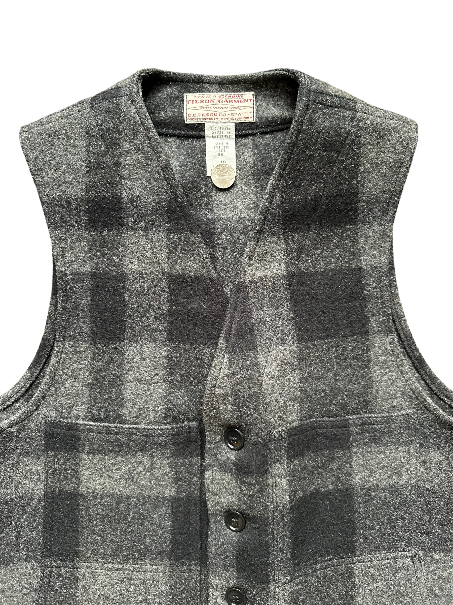 Upper Front View of Vintage Filson Mackinaw Vest SZ 36 |  Charcoal & Black Mackinaw Wool | Filson Seattle Workwear