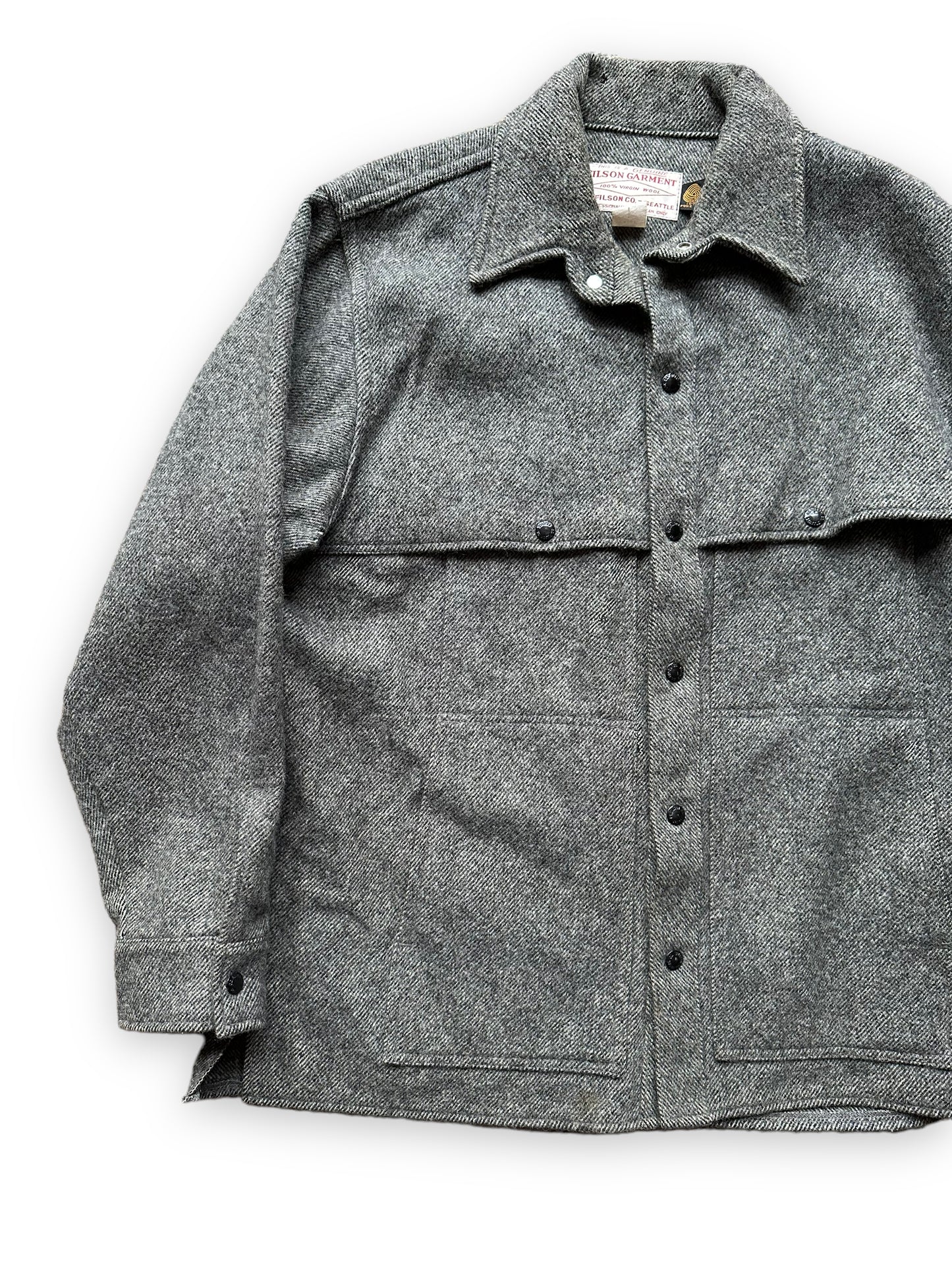 Front Right View of Vintage Filson Grey Herringbone Cape Coat SZ Large  |  Barn Owl Vintage Goods | Vintage Wool Workwear Seattle