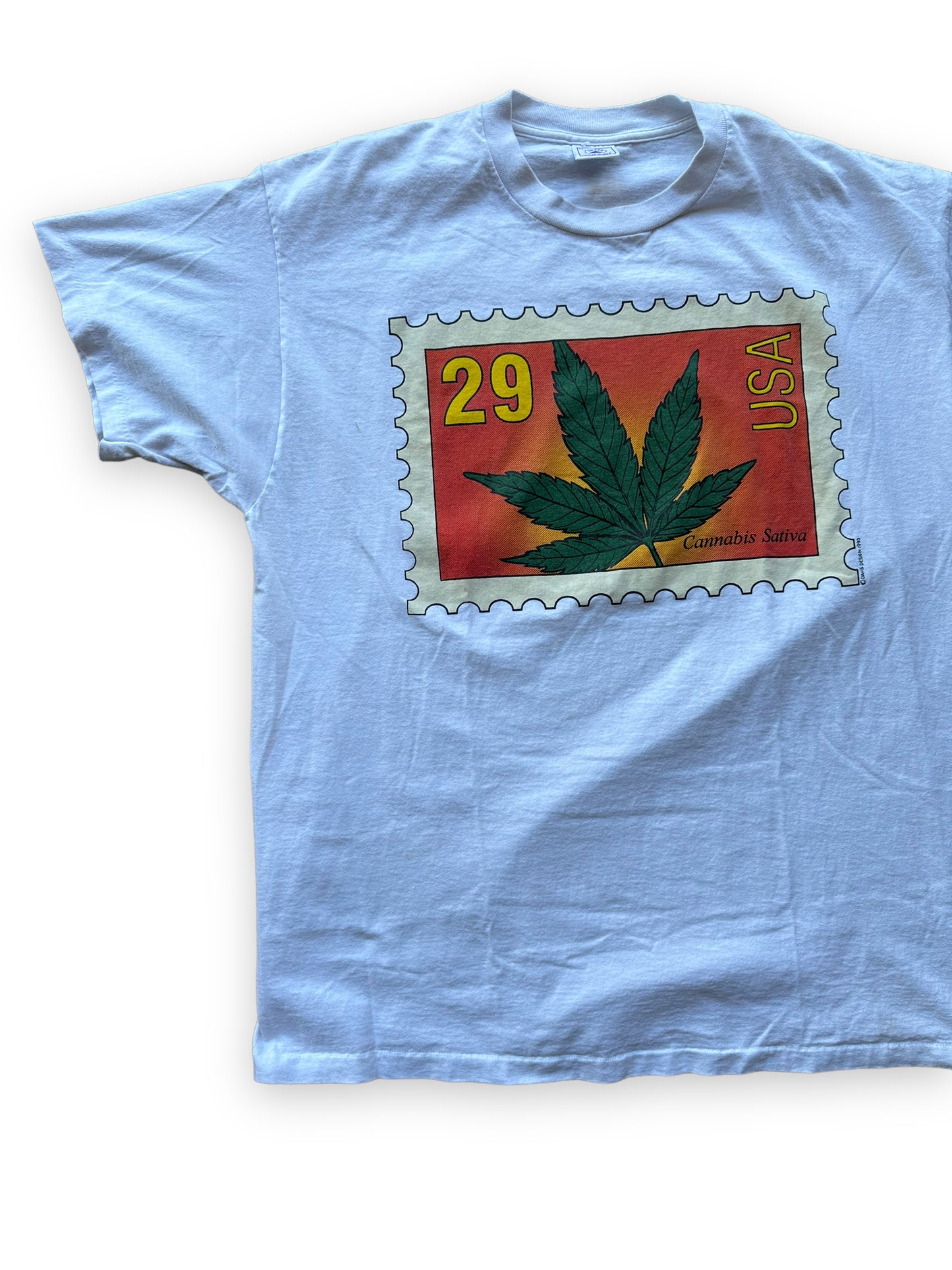 Front Right View of Vintage 1993 Sativa Cannabis Postal Stamp Tee SZ XL | Seattle Vintage Cannabis Tee | Barn Owl Vintage