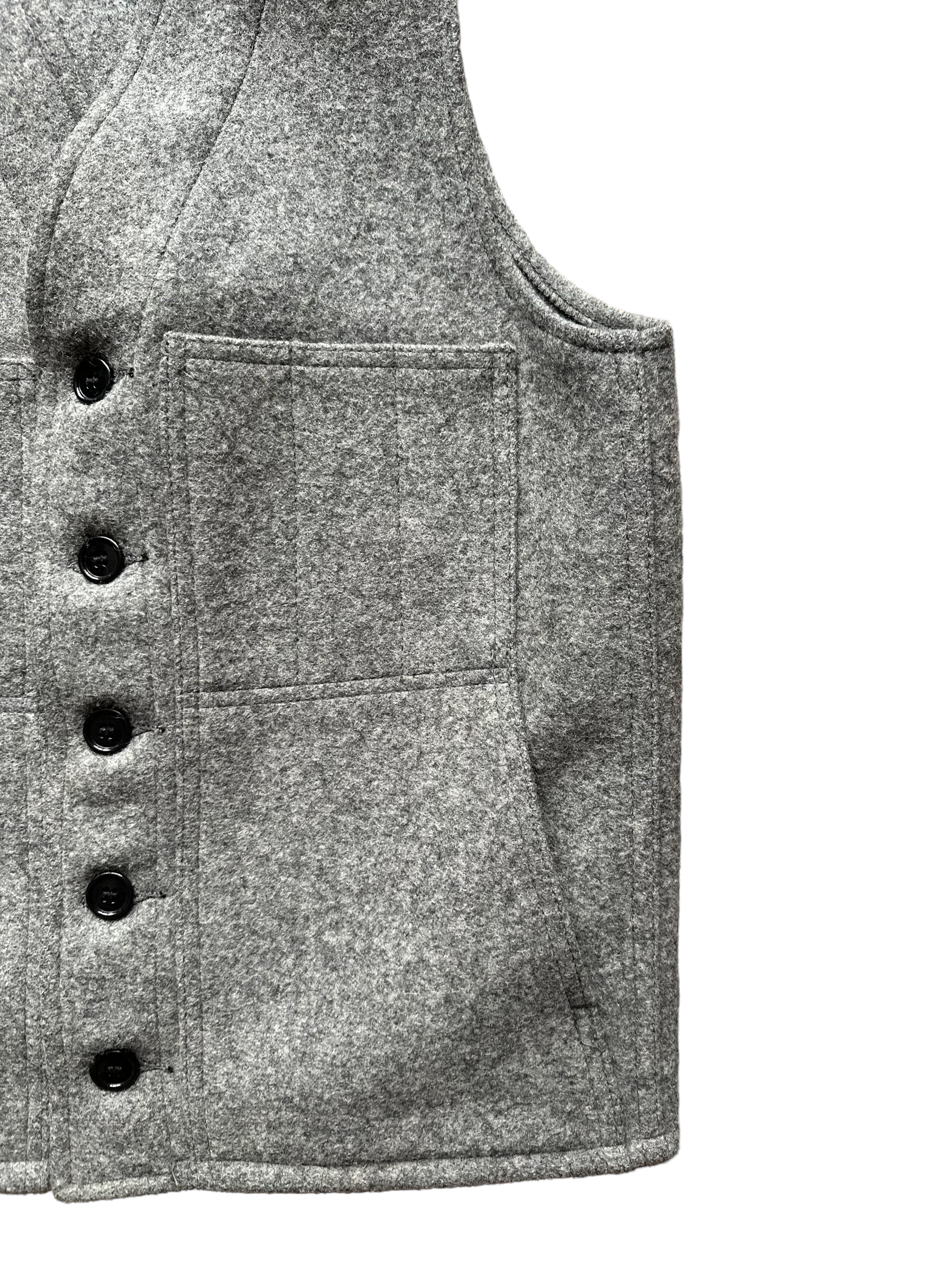 Lower Left View of Vintage Filson Mackinaw Vest SZ 36 |  Grey Wool Vest | Seattle Vintage Workwear