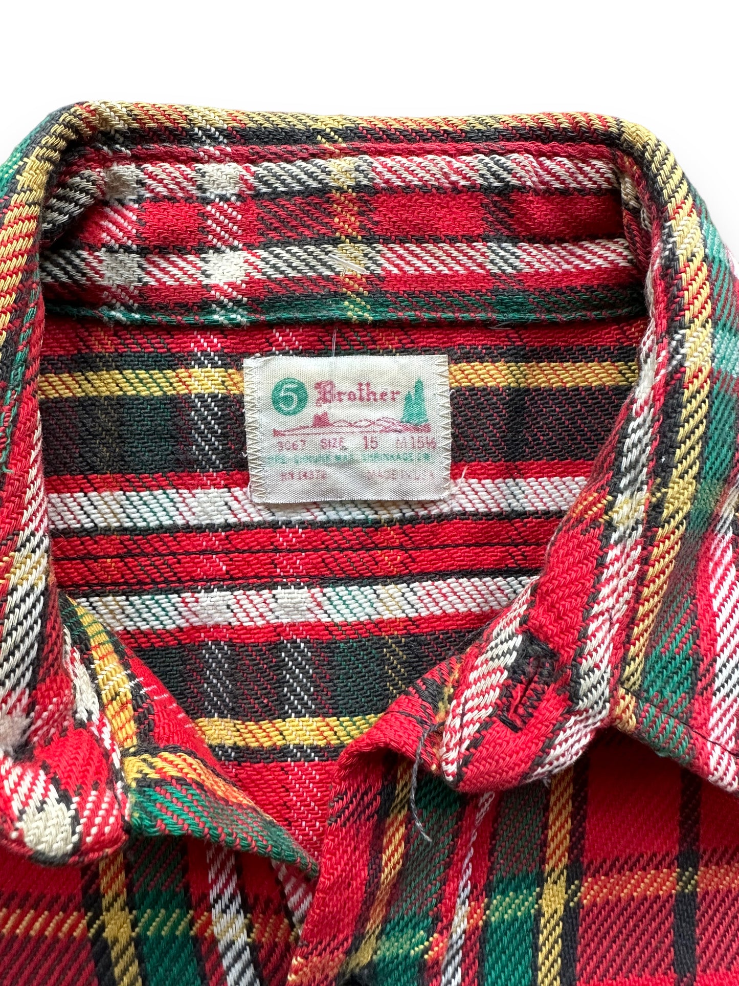 Tag View of Vintage 5 Brothers Red and Green Cotton Flannel SZ M | Vintage Cotton Flannel Seattle | Barn Owl Vintage Seattle