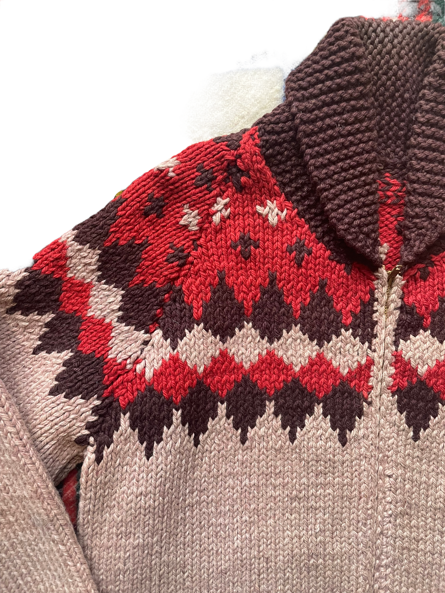 Left front shoulder view Vintage 1950s Cowichan Style Wool Cardigan |  Barn Owl Vintage | Seattle Vintage Sweaters