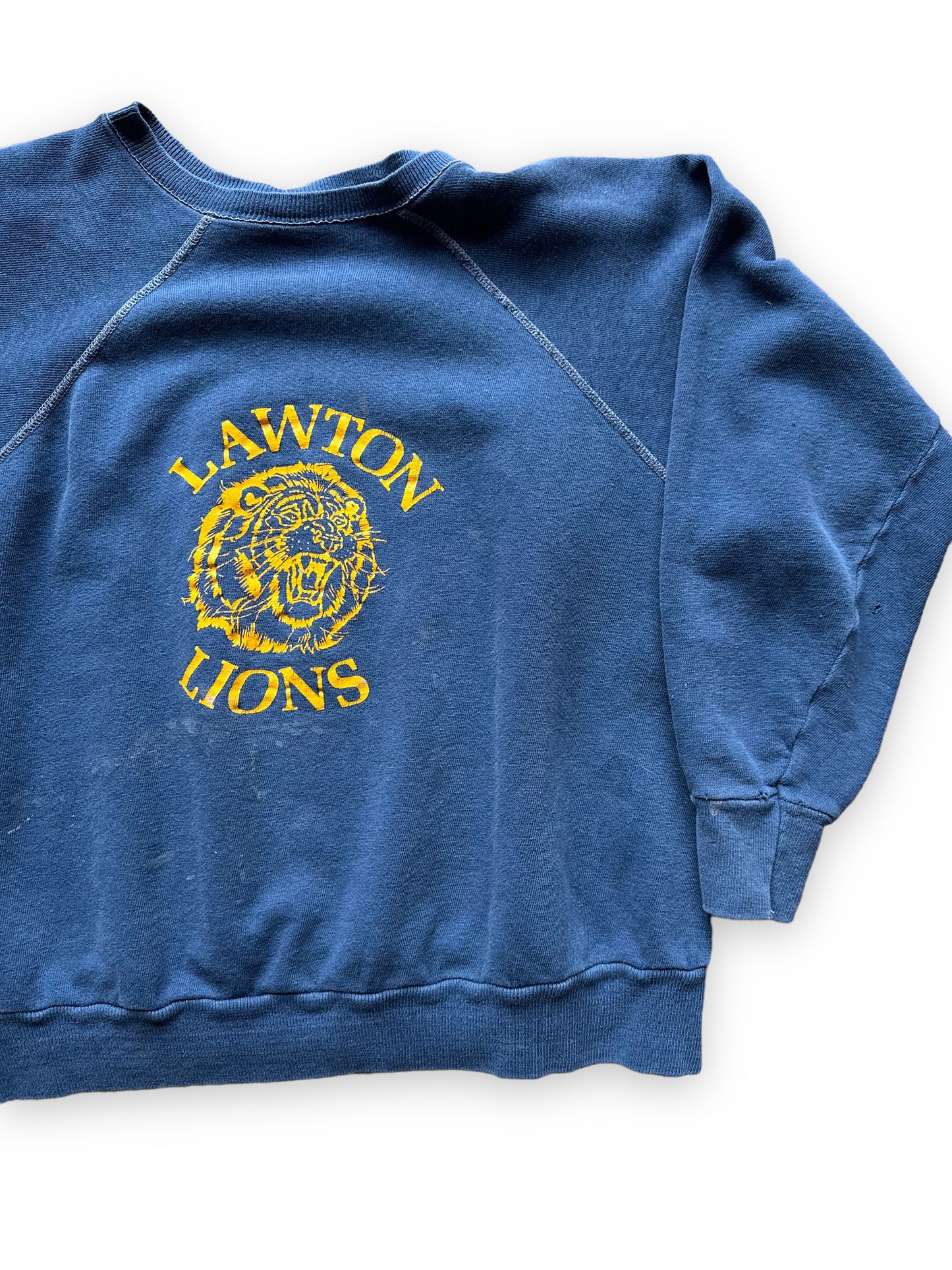 Front Left View on Vintage Small Lawton Lions Crewneck Sweatshirt | Vintage Crewneck Sweatshirt Seattle | Barn Owl Vintage Clothing