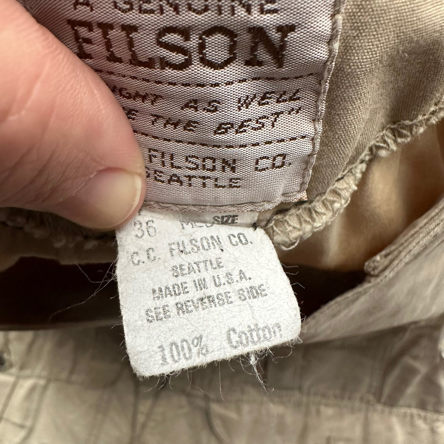 Tag View of Filson Half Moon Vest With Leather Additions SZ M |  Vintage Filson Seattle | Barn Owl Vintage Seattle