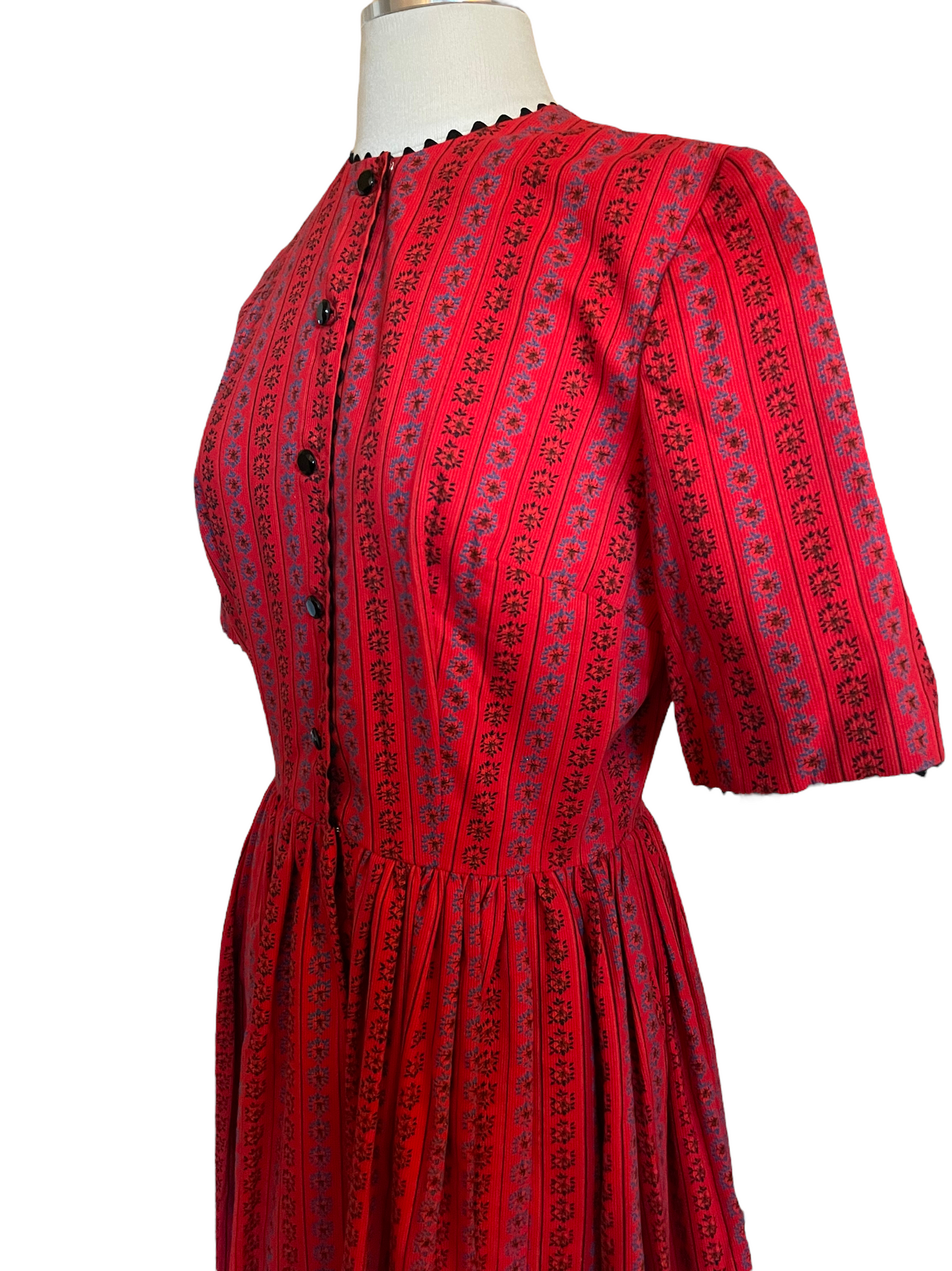 Vintage 1950s Red Corduroy Dress SZ S-M |  Barn Owl Vintage | Seattle Vintage Dresses Left upper side view.
