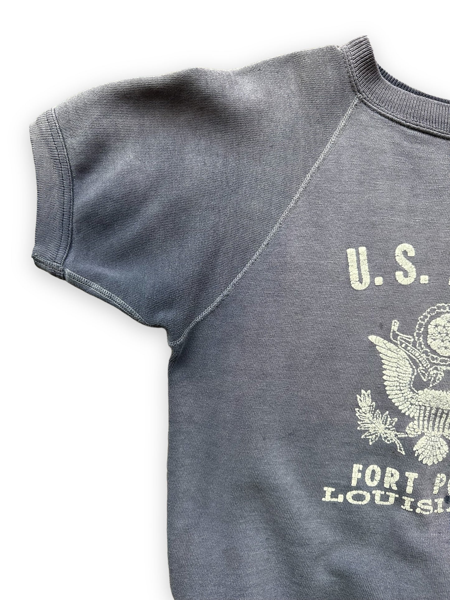 Right Sleeve View on Vintage US Army Fort Polk Short Sleeve Sweatshirt SZ M | Vintage Crewneck Sweatshirts | Barn Owl Vintage Seattle