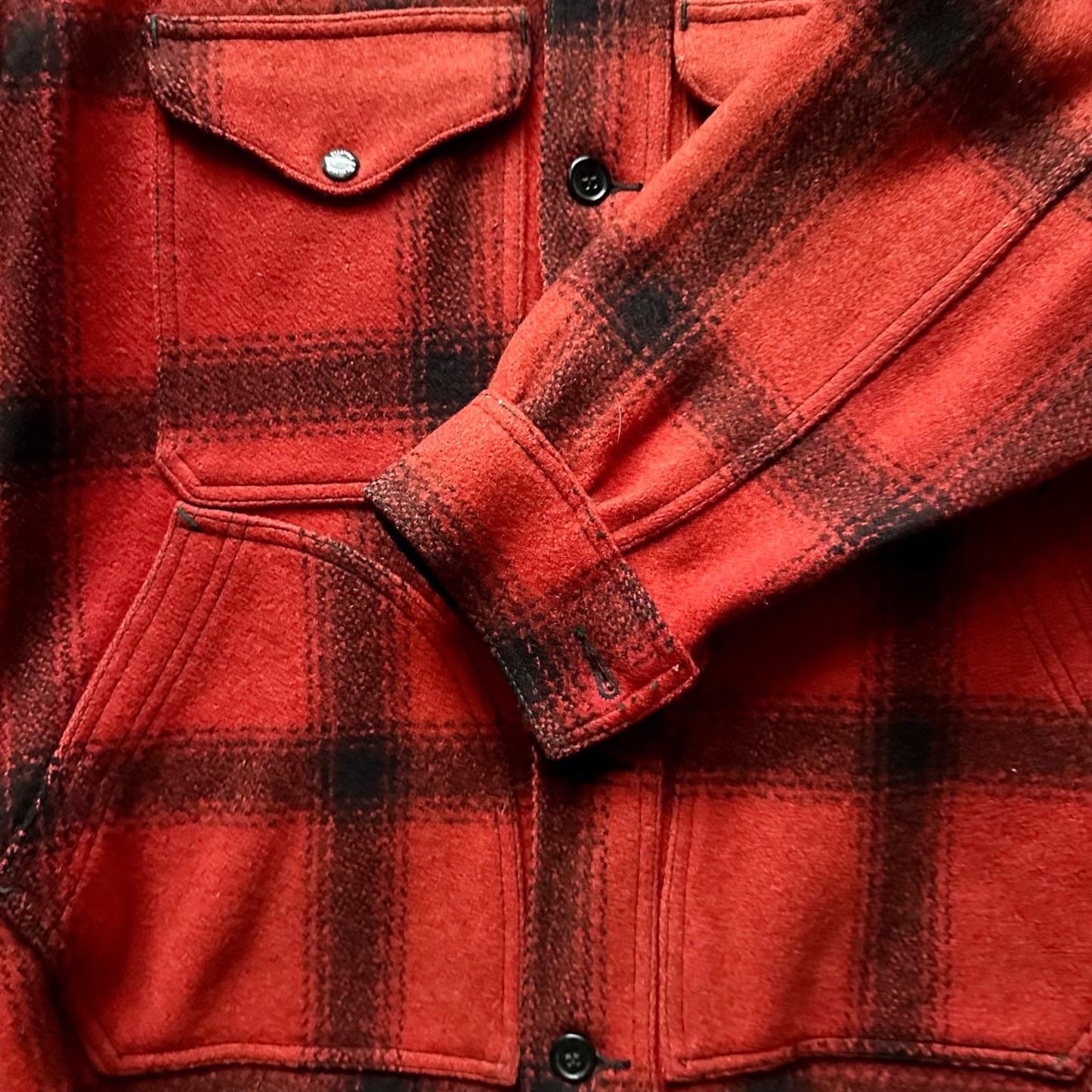 Left Sleeve View on Vintage 75% Red Filson Hunter Wool Jacket SZ 42 |  Vintage Workwear Seattle