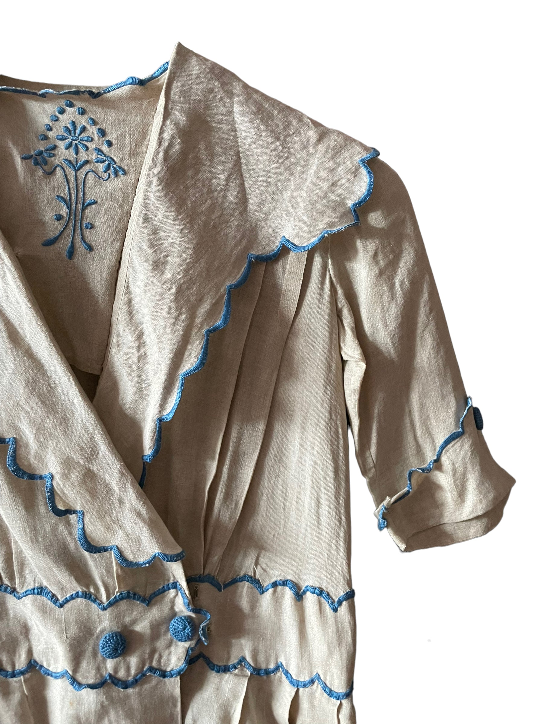 Left front shoulder view Antique Early 1900s Linen Dress SZ XS