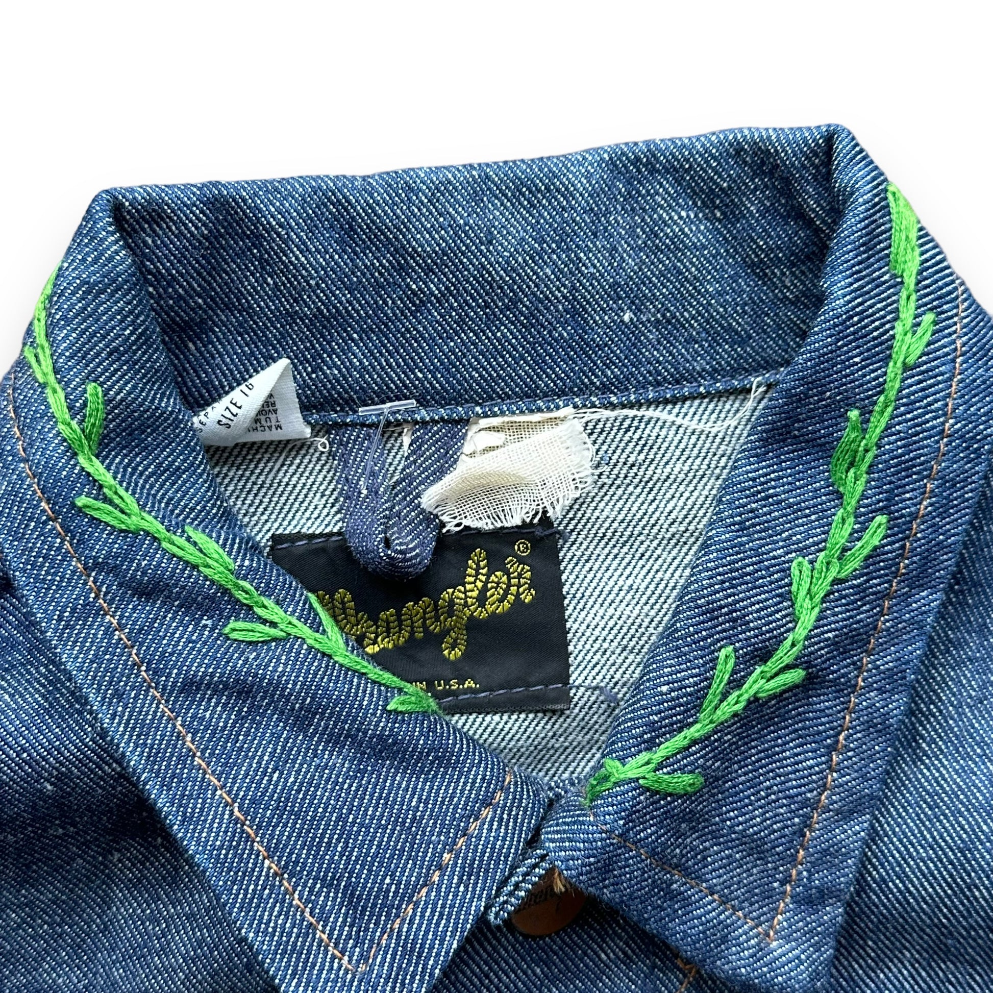 Tag View of Vintage Ladies Wrangler Jacket With Custom Embroidery SZ XS | Vintage Denim Workwear Seattle | Seattle Vintage Denim