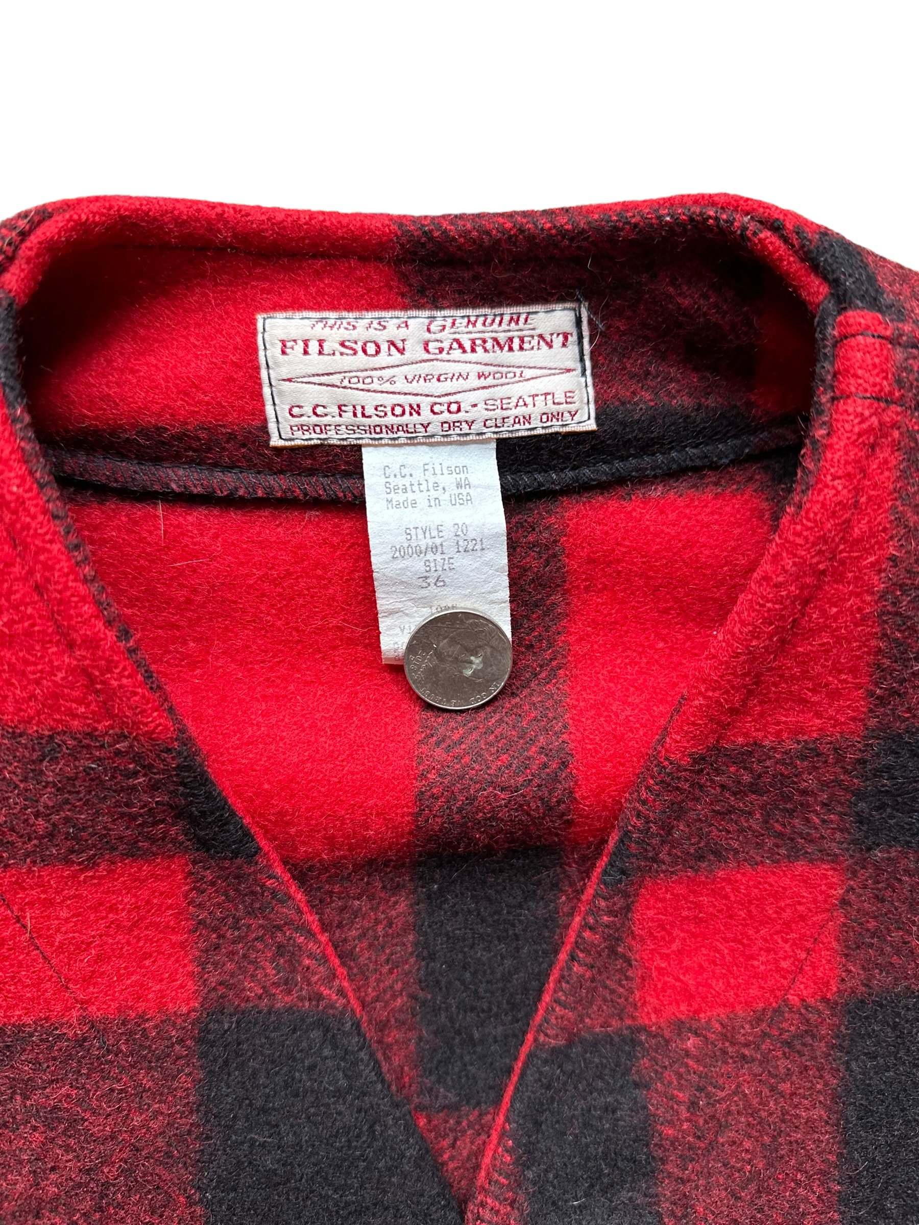 Tag View of Vintage Filson Mackinaw Vest SZ 36 |  Red & Black Mackinaw Wool | Seattle Workwear