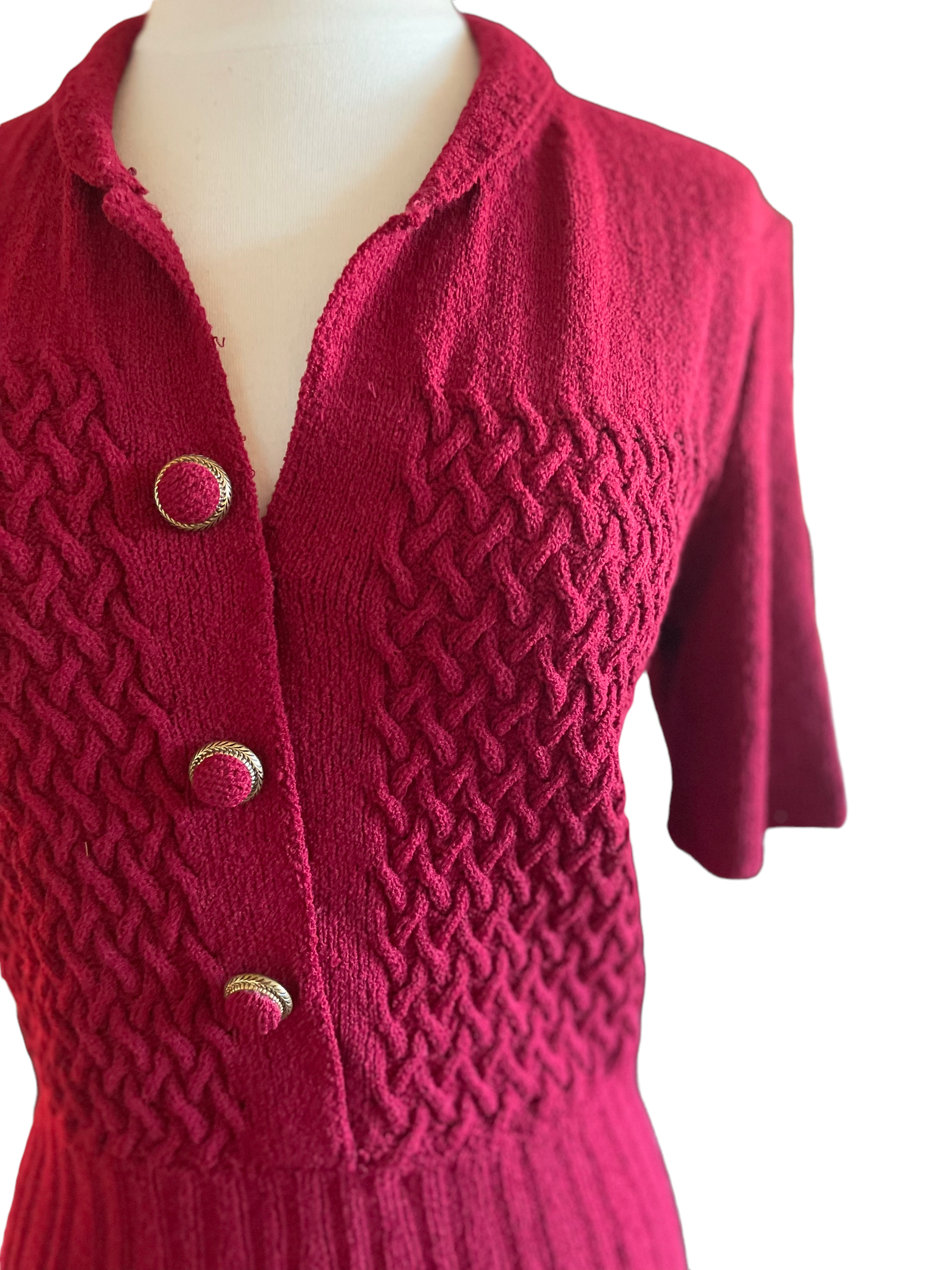 Vintage 1940s Hand-Knit Red Dress SZ S |  Barn Owl Vintage | Seattle Vintage Dresses Left shoulder view.