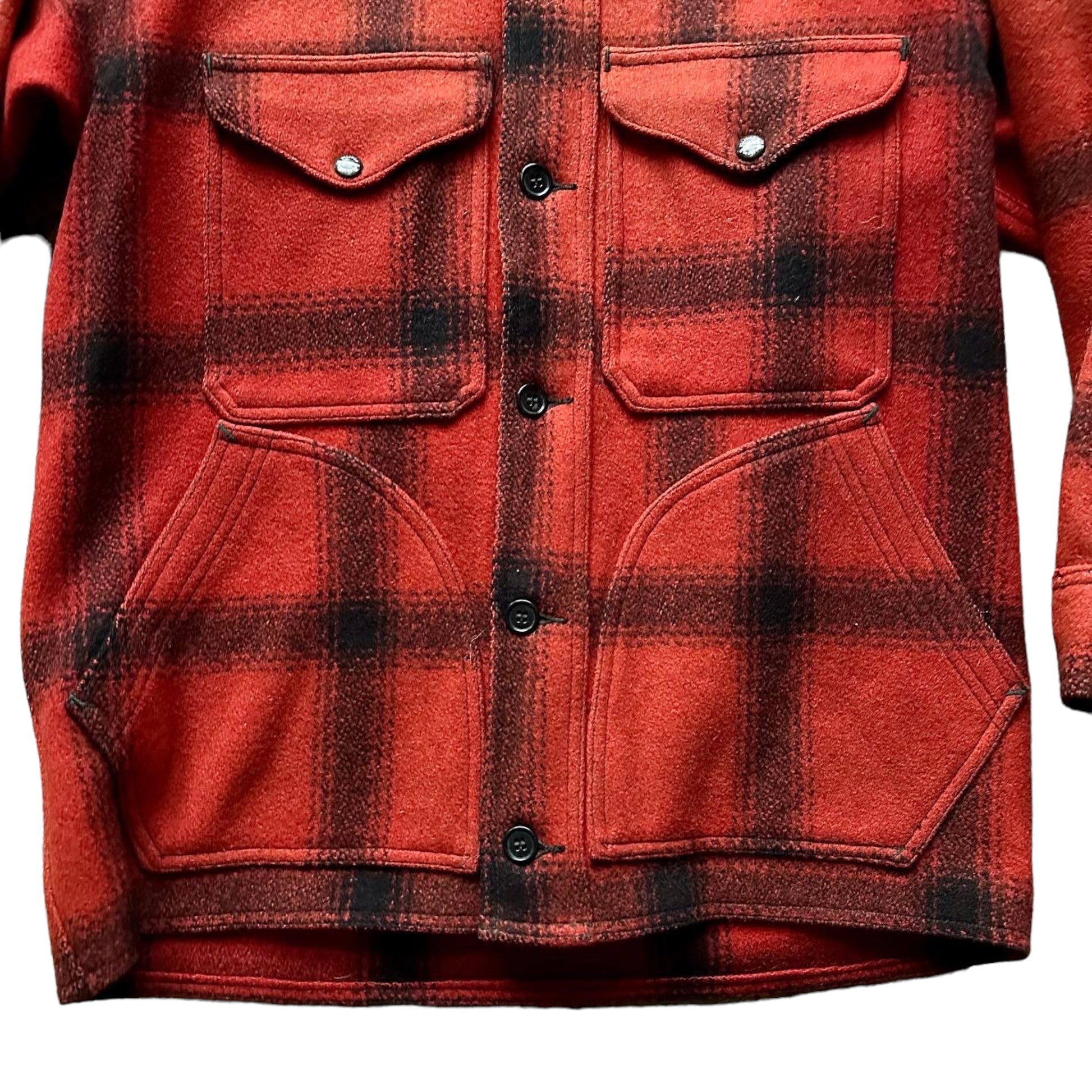 Lower Front Pockets on Vintage 75% Red Filson Hunter Wool Jacket SZ 42 |  Vintage Workwear Seattle