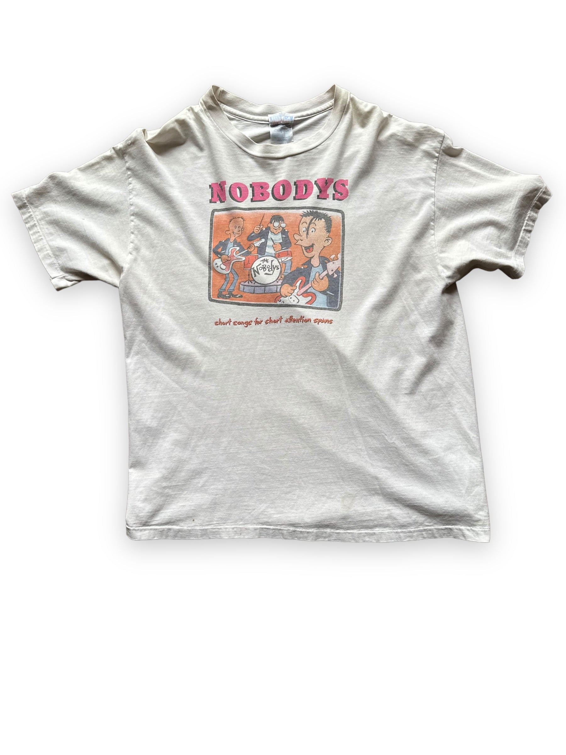 Front View of Vintage The Nobodys Short Songs For Short Attention Spans Tee SZ XL |  Hopeless Records Rock Tee | Barn Owl Vintage Seattle
