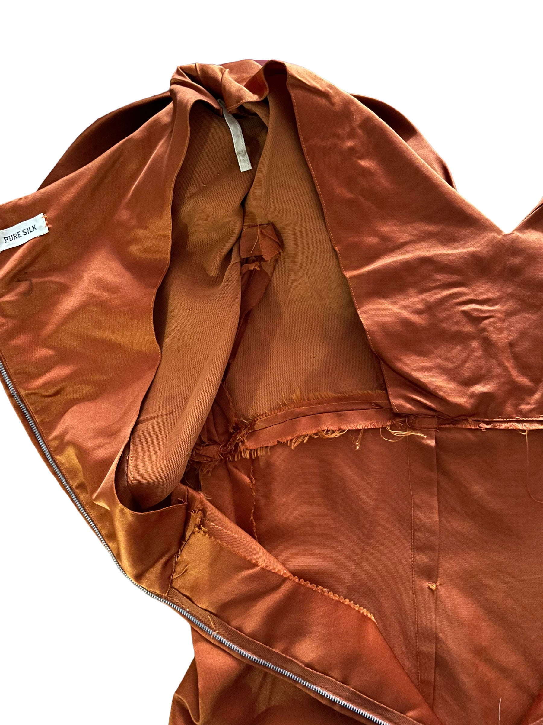 Inside view of Vintage 1950s Burnt Orange Silk Dress SZ M
