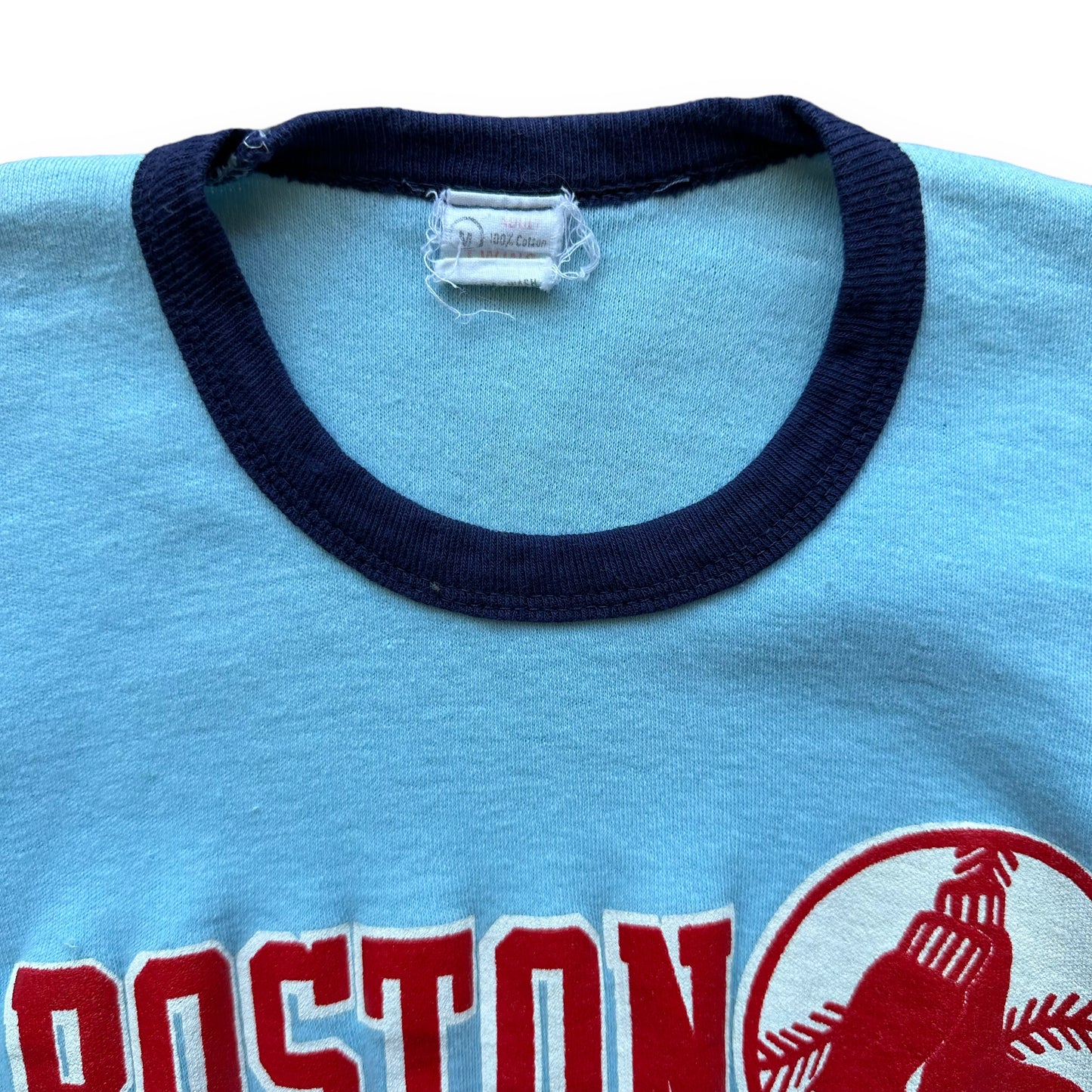 Upper Front View of Vintage Powder Blue Red Sox Ringer Tee SZ M | Vintage Red Sox T-Shirts Seattle | Barn Owl Vintage Tees Seattle