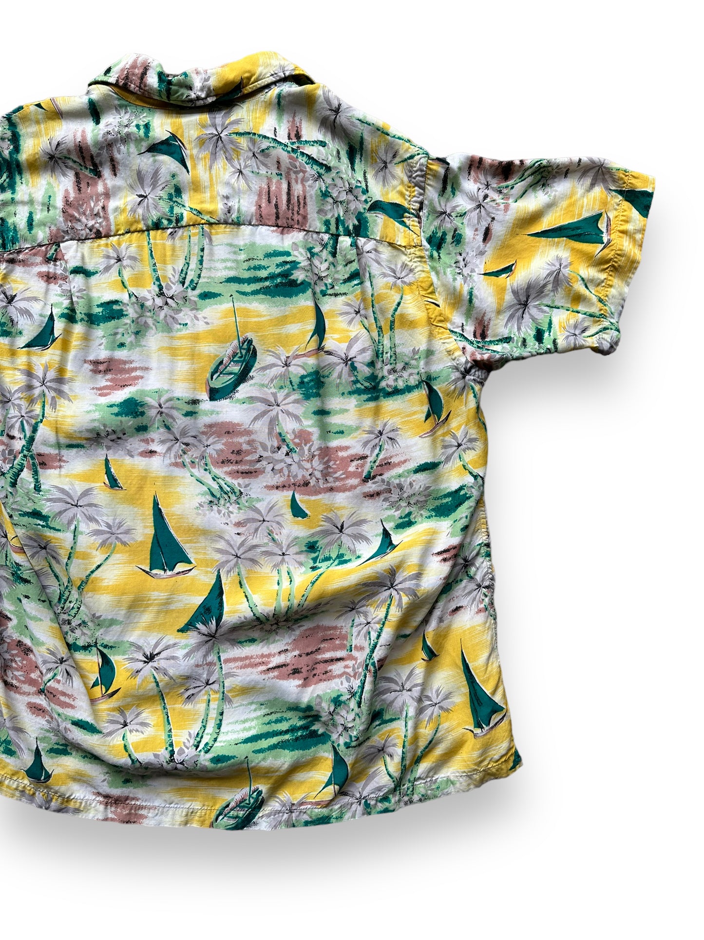 Rear Right View of Vintage Yellow Aloha Rayon Shirt SZ S | Seattle Vintage Rayon Hawaiian Shirt | Barn Owl Vintage Clothing Seattle