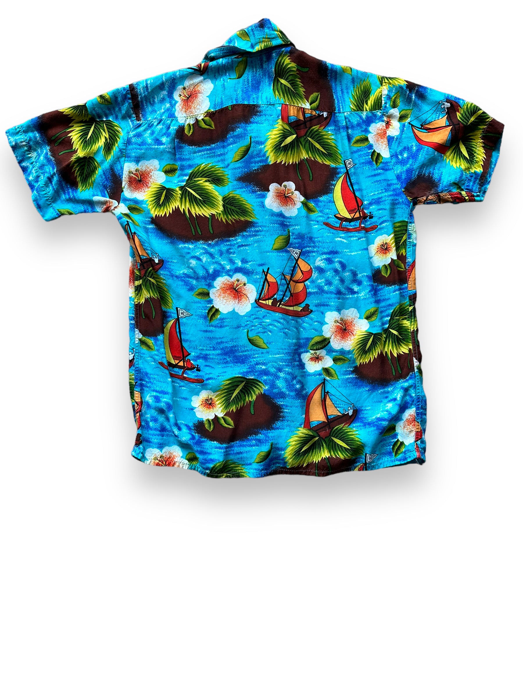 Rear View of Vintage Blue Patterned Hawaiian Holiday Rayon Shirt SZ S | Seattle Vintage Hawaiian Shirt | Barn Owl Vintage Clothing Seattle