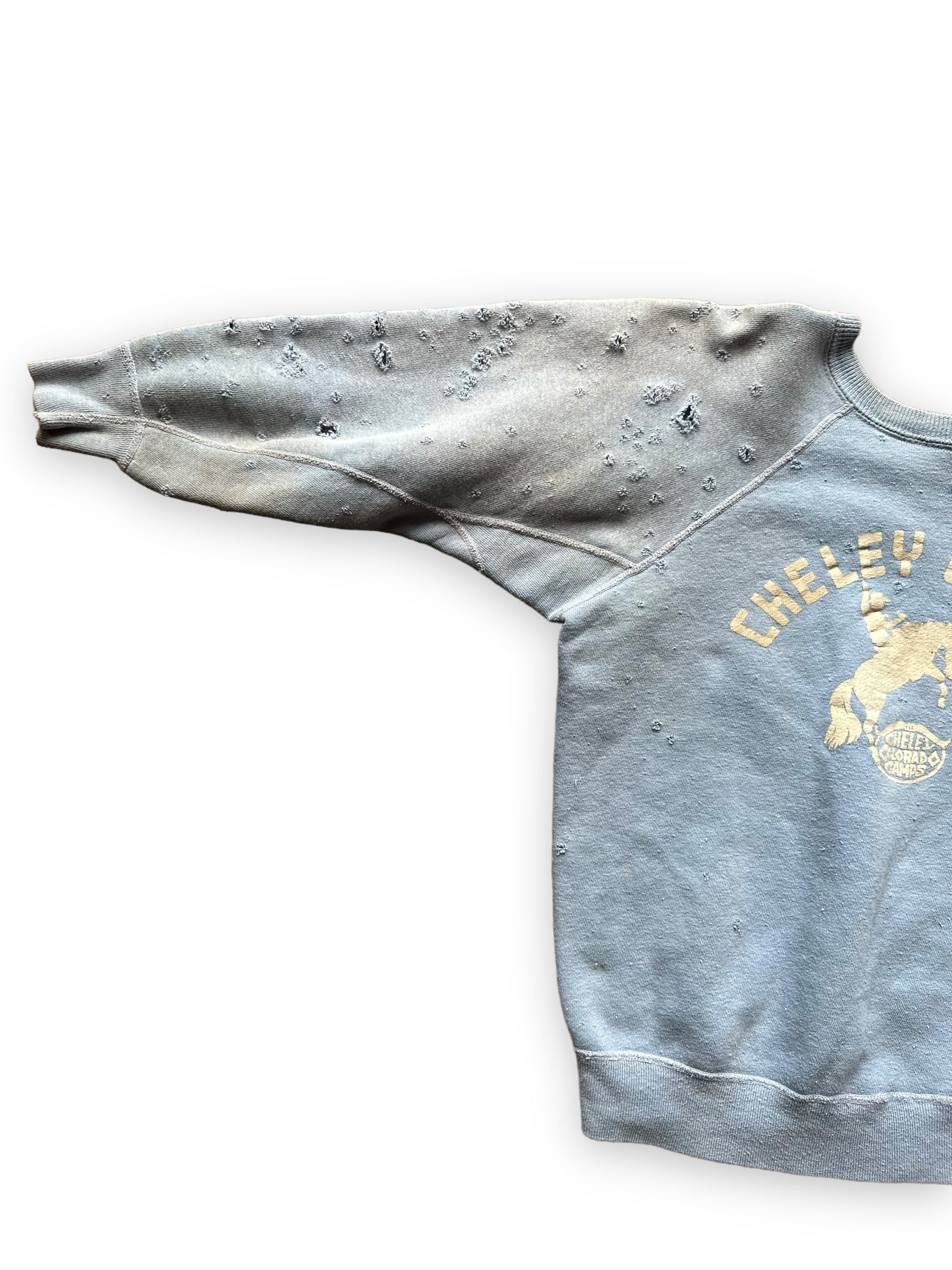 Right Front Sleeve View on Vintage Distressed Cheley Camps Colorado Crewneck Sweatshirt | Vintage Crewneck Seattle | Barn Owl Vintage Clothing