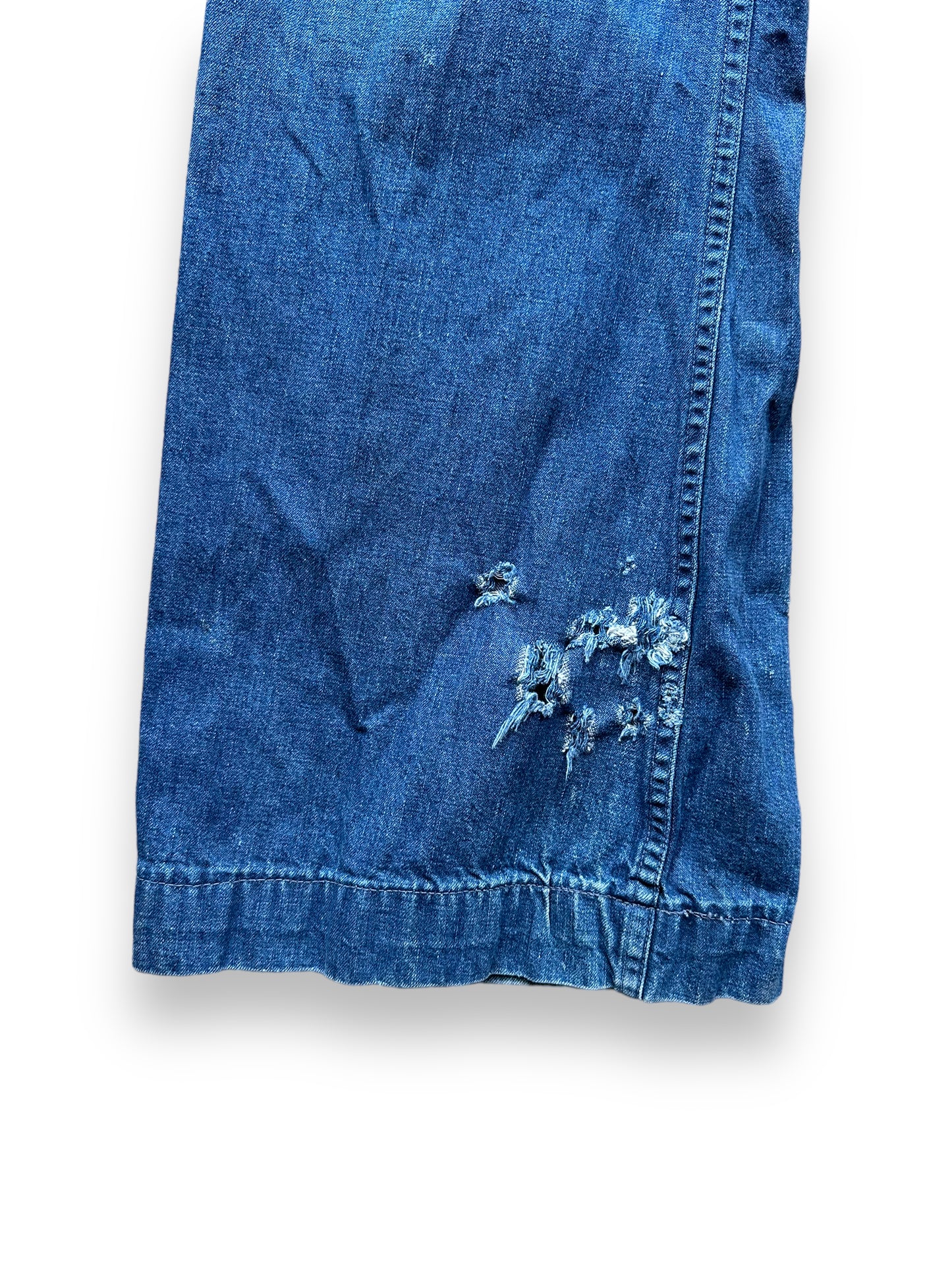 Lower Right Cuff Damage on Vintage 70s Era Sailor Denim with Repairs W36 | Vintage Denim Swabbie Pants Seattle | Barn Owl Vintage Workwear