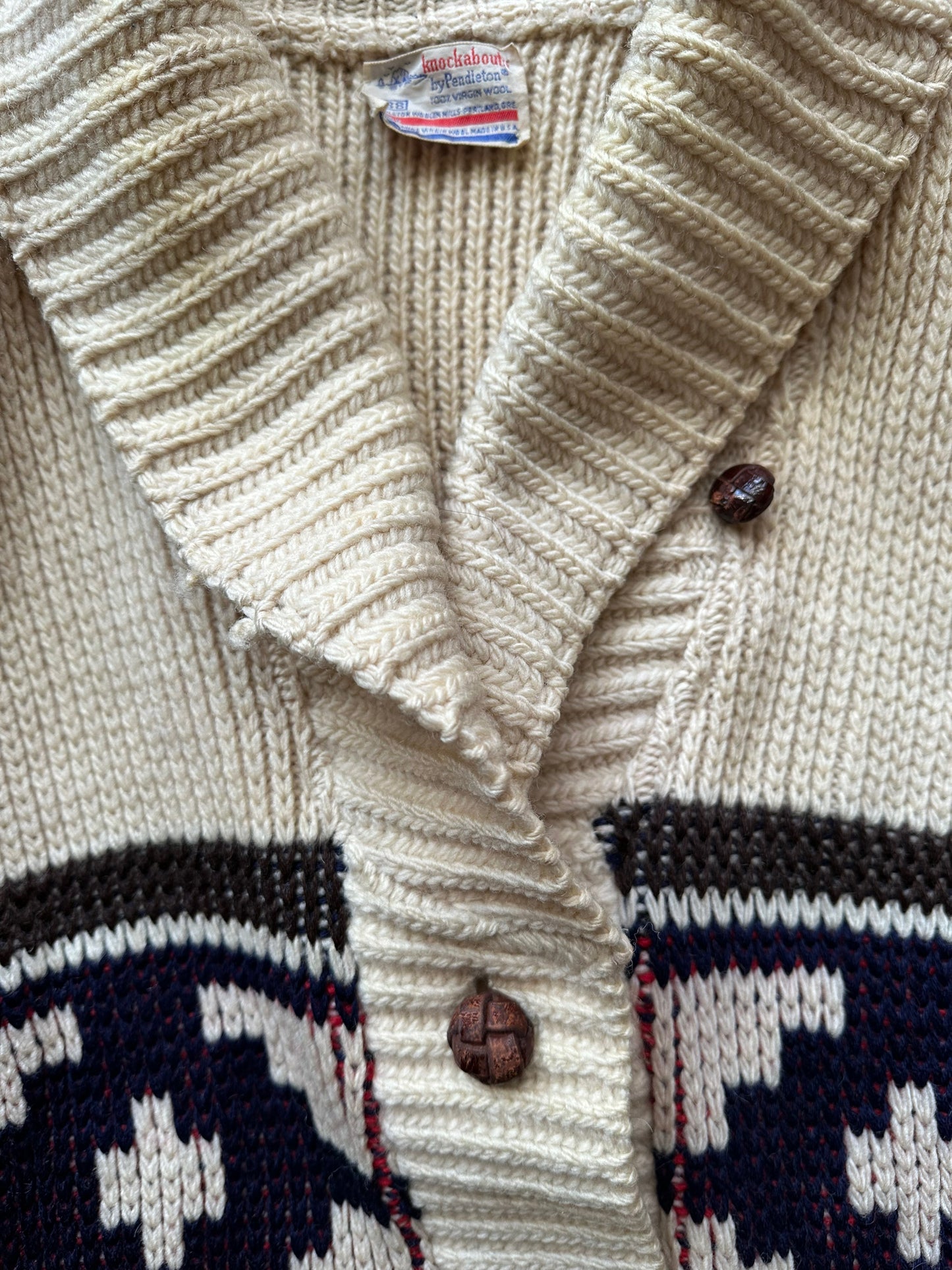 Top Button with Snapped Clasp on Vintage Pendleton Knockabouts Cardigan Sweater SZ 38 | Barn Owl Vintage | Seattle Vintage Sweaters