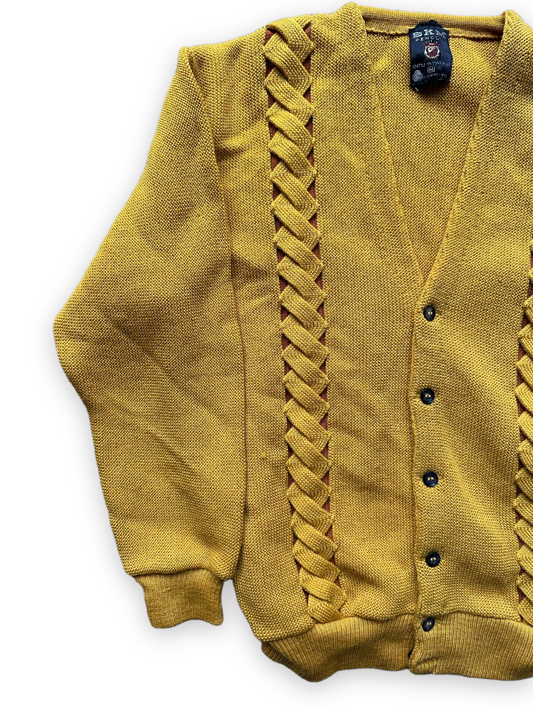 Front Right Flat View of Vintage Seattle Knitting Mills Golden Double Helix Wool Sweater SZ M |  Vintage Cardigan Sweaters Seattle | Barn Owl Vintage Seattle