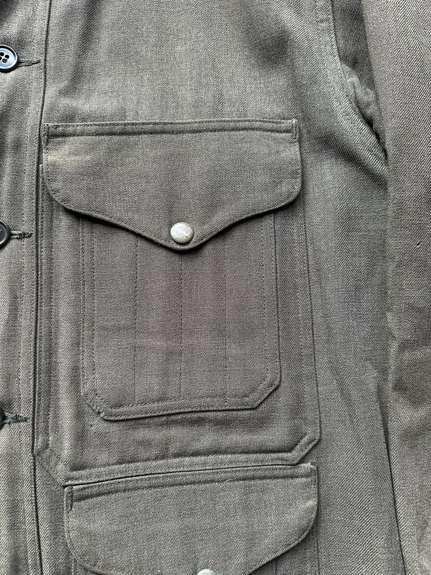 Left Upper Pocket on Vintage Union Made Era 50s Filson Forestry Cloth Cruiser SZ 44 |  Barn Owl Vintage Goods | Vintage Workwear Seattle