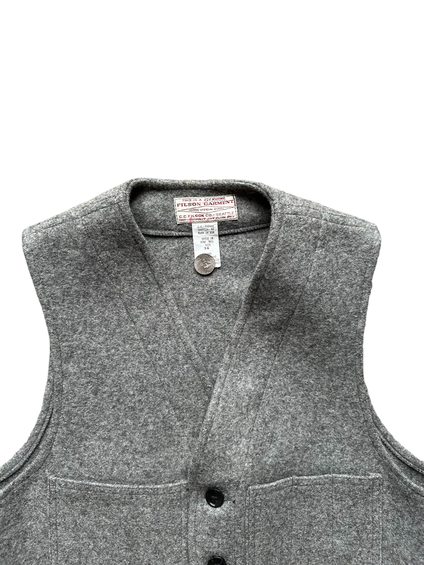 Upper Front View of Vintage Filson Mackinaw Vest SZ 36 |  Grey Wool Vest | Seattle Vintage Workwear