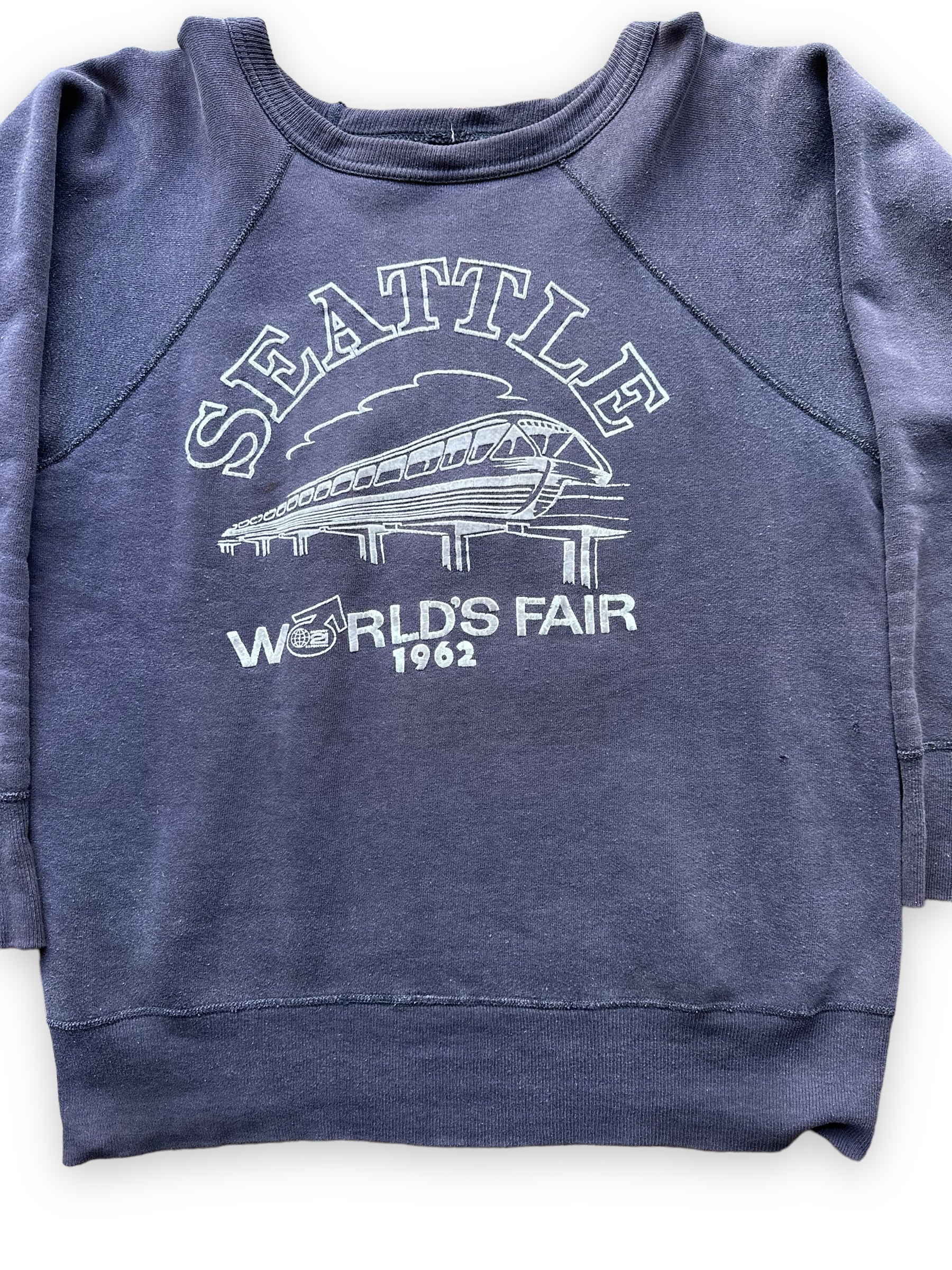 Front Detail Close Up on Vintage Original Flocked Seattle World's Fair 1962 Navy Blue Crewneck |  Vintage Sweatshirts Seattle |  Barn Owl Vintage