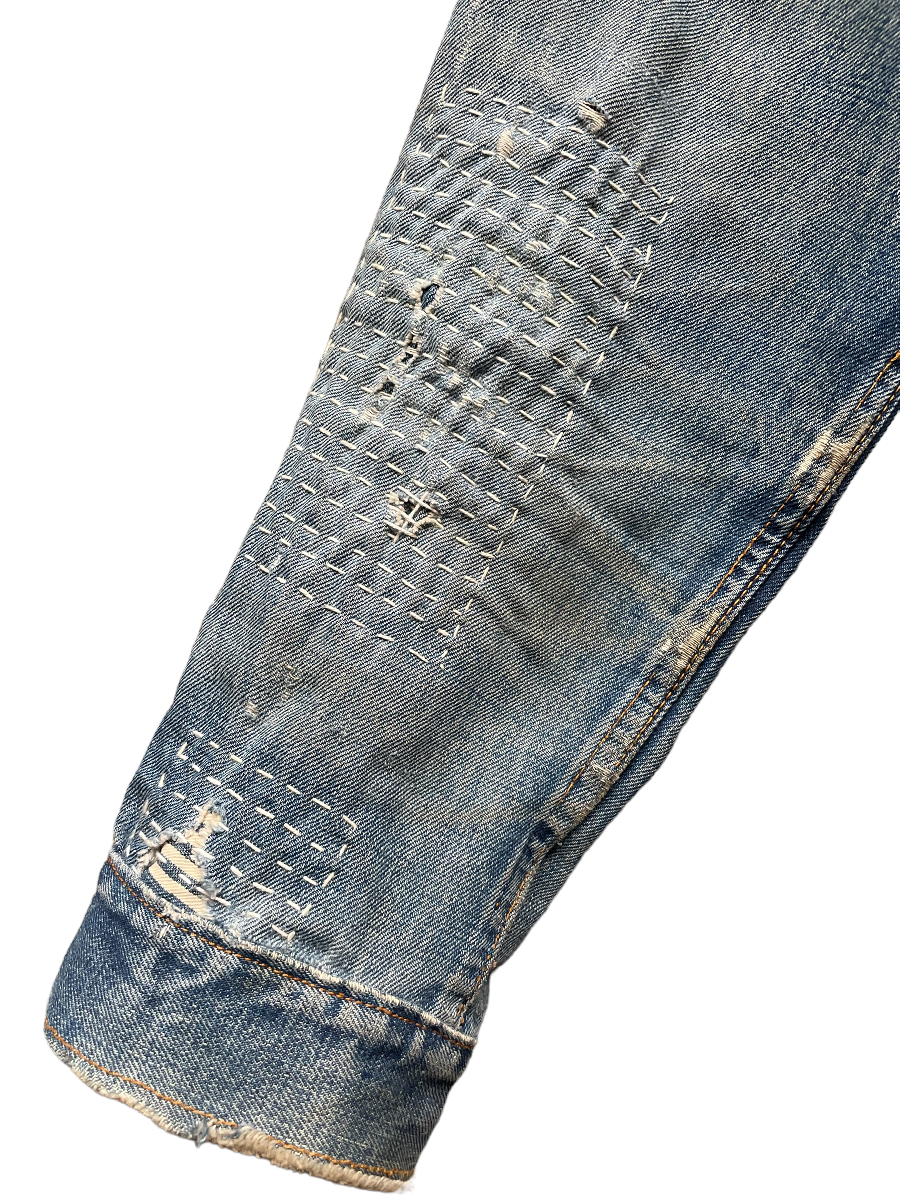 Right Sleeve Detail on Visibly Mended Vintage Levi’s Big E Type III | Barn Owl Vintage | Seattle True Vintage