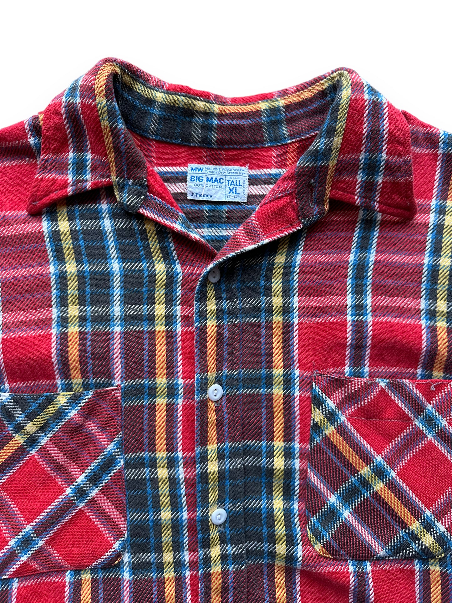 Front Upper Chest View on Vintage Red Blue & Yellow Big Mac Cotton Flannel SZ XL Tall | Barn Owl Vintage Seattle | Vintage Cotton Flannel Seattle