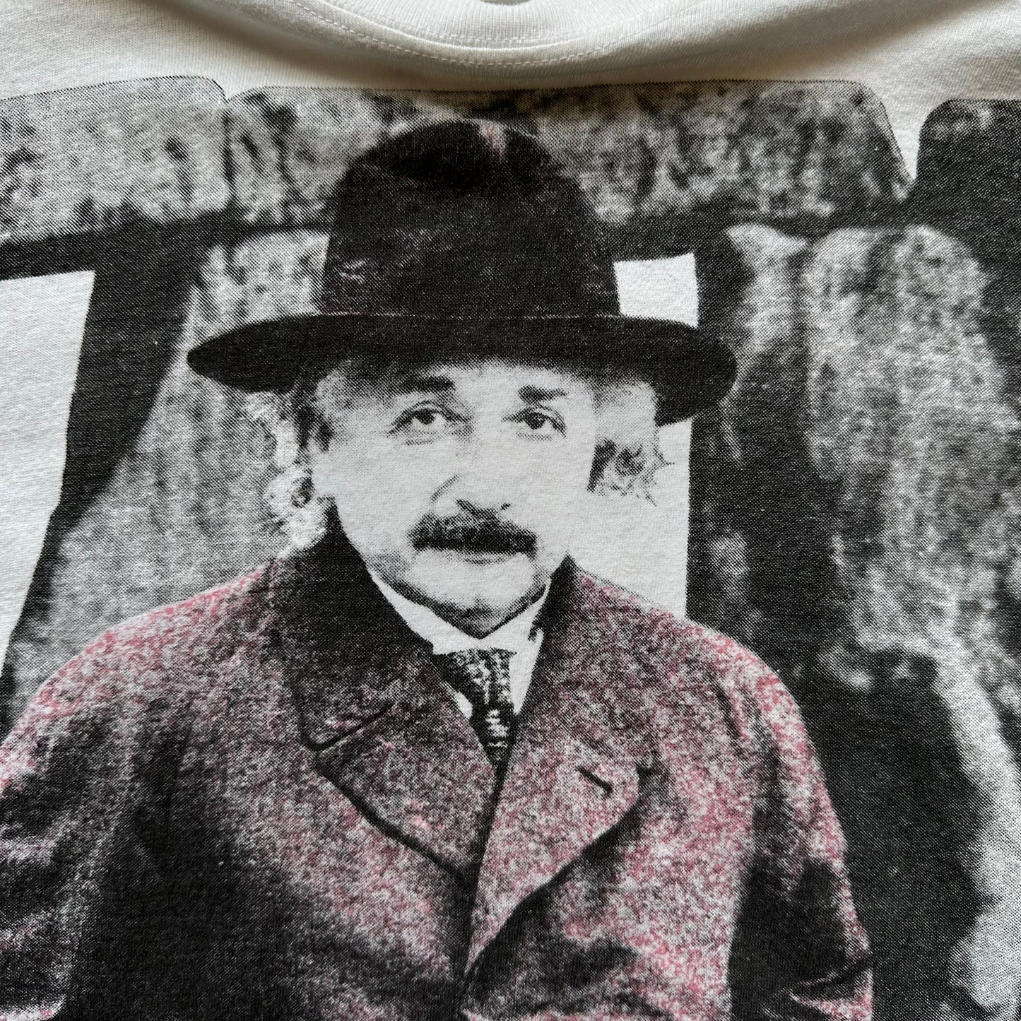Albert Close Up on Vintage All Over Print Albert Einstein Andazia Tee SZ L |  Vintage AOP Single Stitch Tee Seattle | Barn Owl Vintage