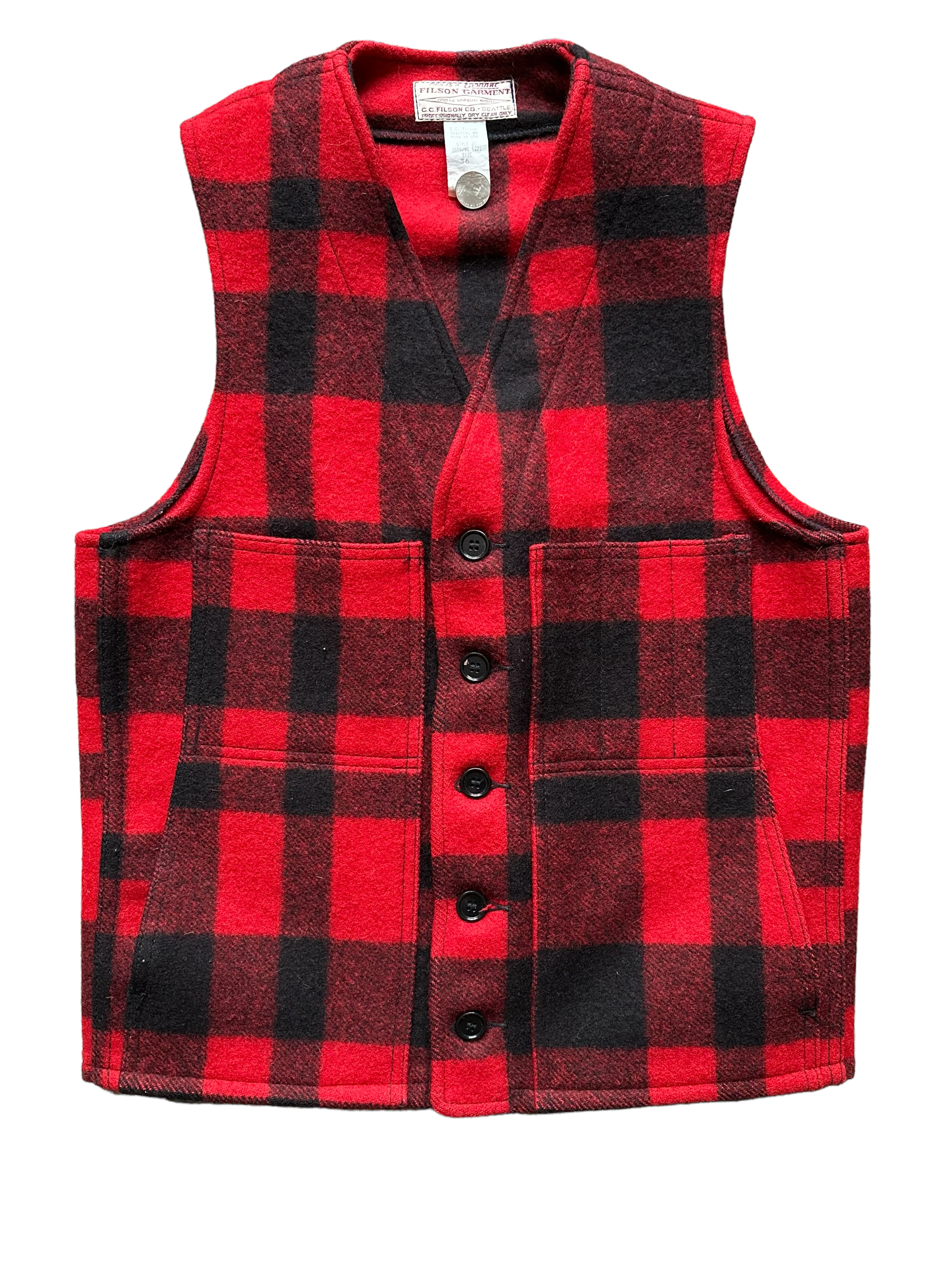 Front View of Vintage Filson Mackinaw Vest SZ 36 |  Red & Black Mackinaw Wool | Seattle Workwear