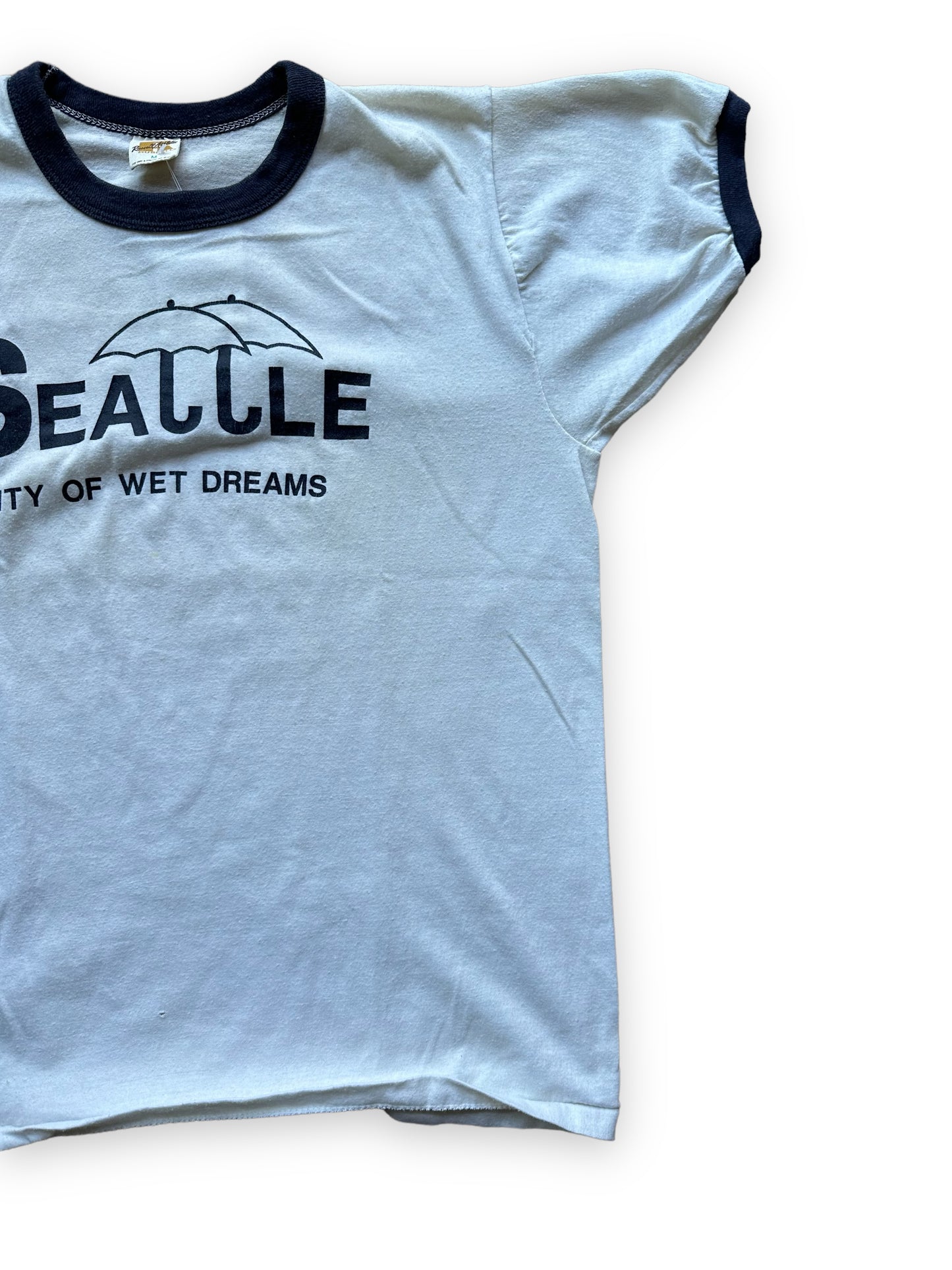 Left Front View of Vintage Seattle City of Wet Dreams Ringer Tee SZ M |  Vintage Russell Athletic T Shirt | Barn Owl Vintage Seattle