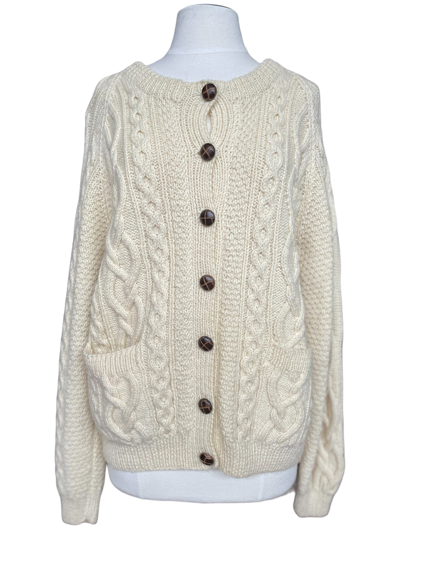 Full front view on dress form Vintage 1980s Blarney Mills Aran Cardigan | Barn Owl Vintage | Seattle Vintage Sweaters