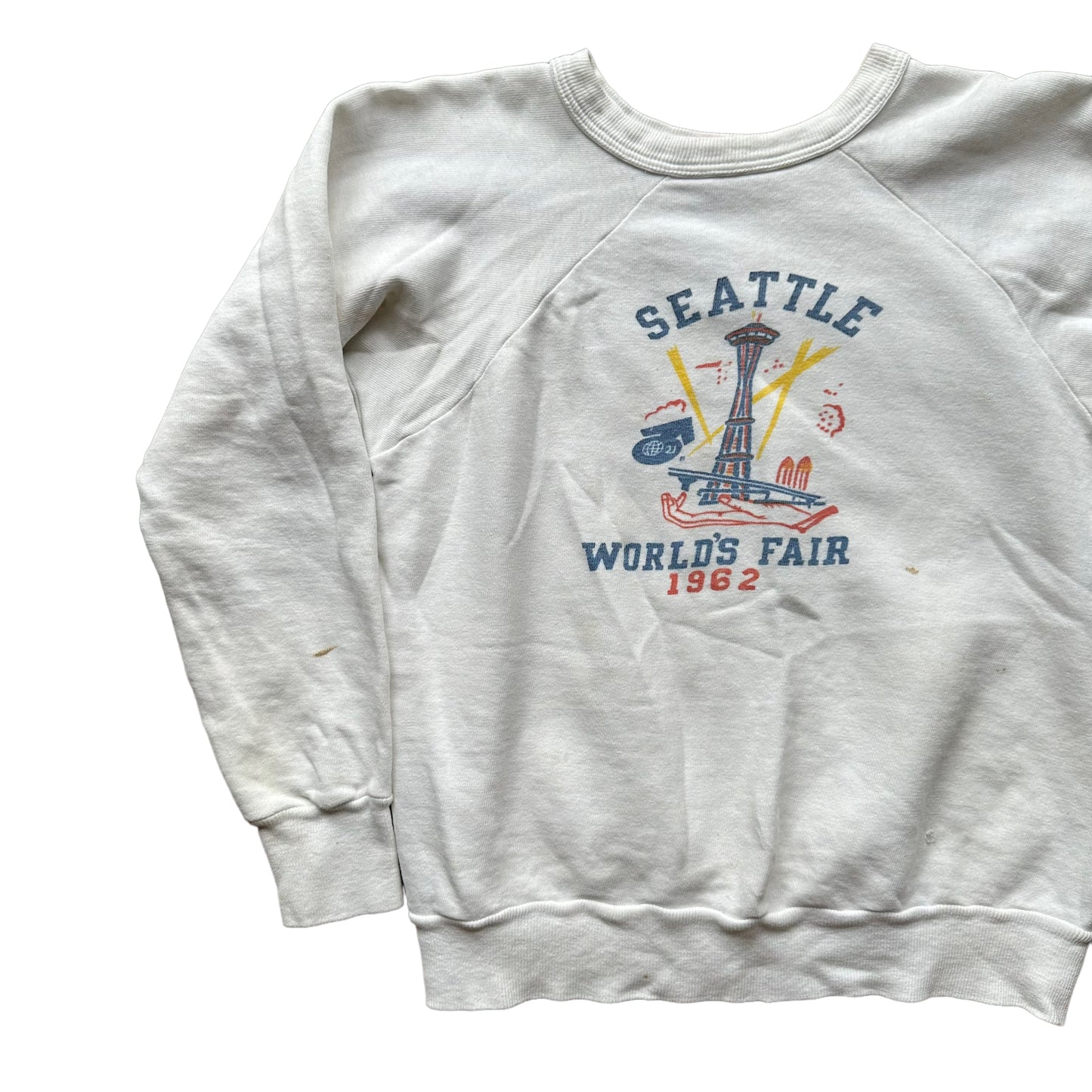 Front Right Side View on Vintage Seattle World's Fair 1962 White Crewneck SZ S |  Vintage Sweatshirts Seattle |  Barn Owl Vintage