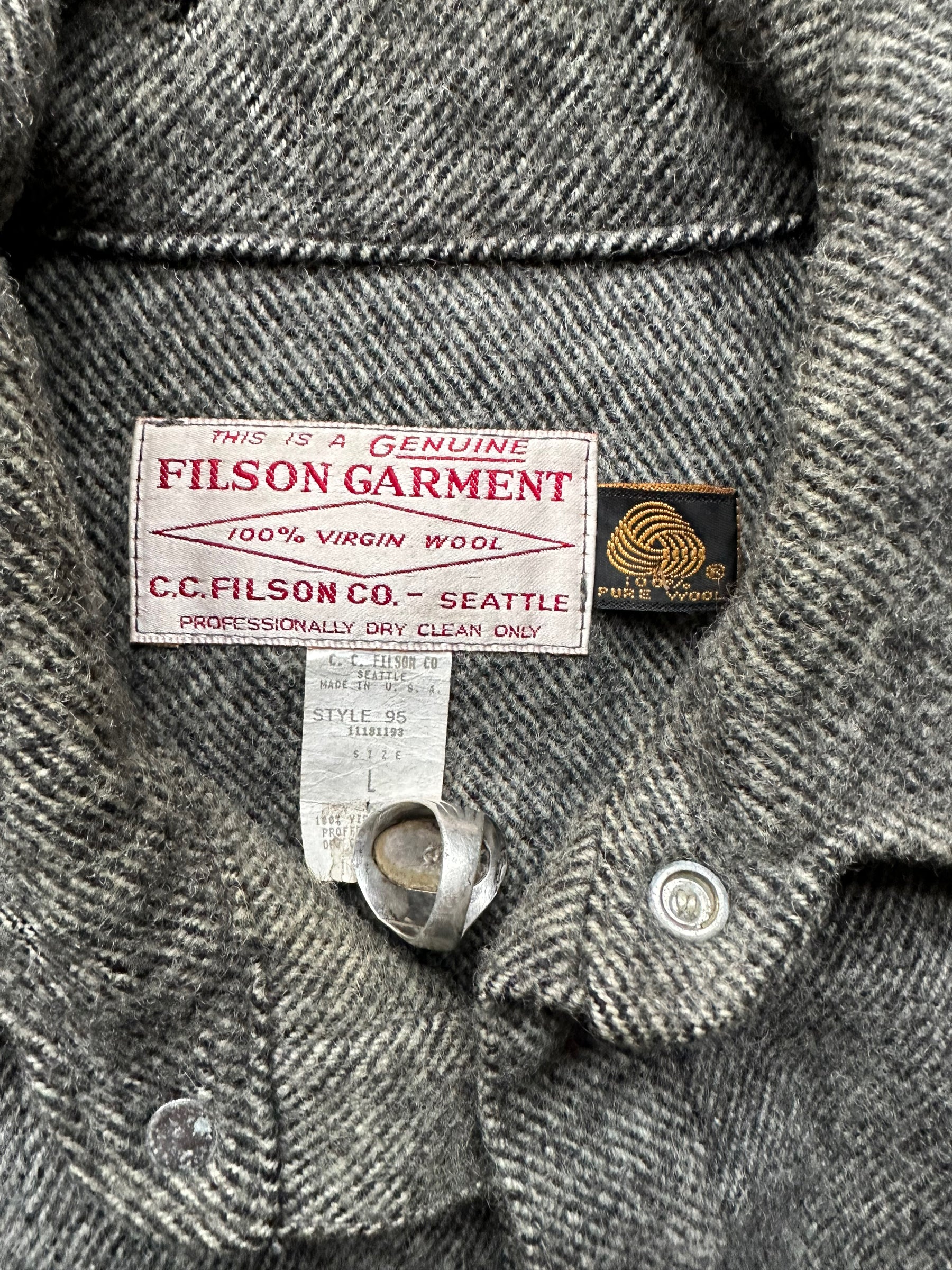 Tag Close Up on Vintage Filson Grey Herringbone Cape Coat SZ Large  |  Barn Owl Vintage Goods | Vintage Wool Workwear Seattle