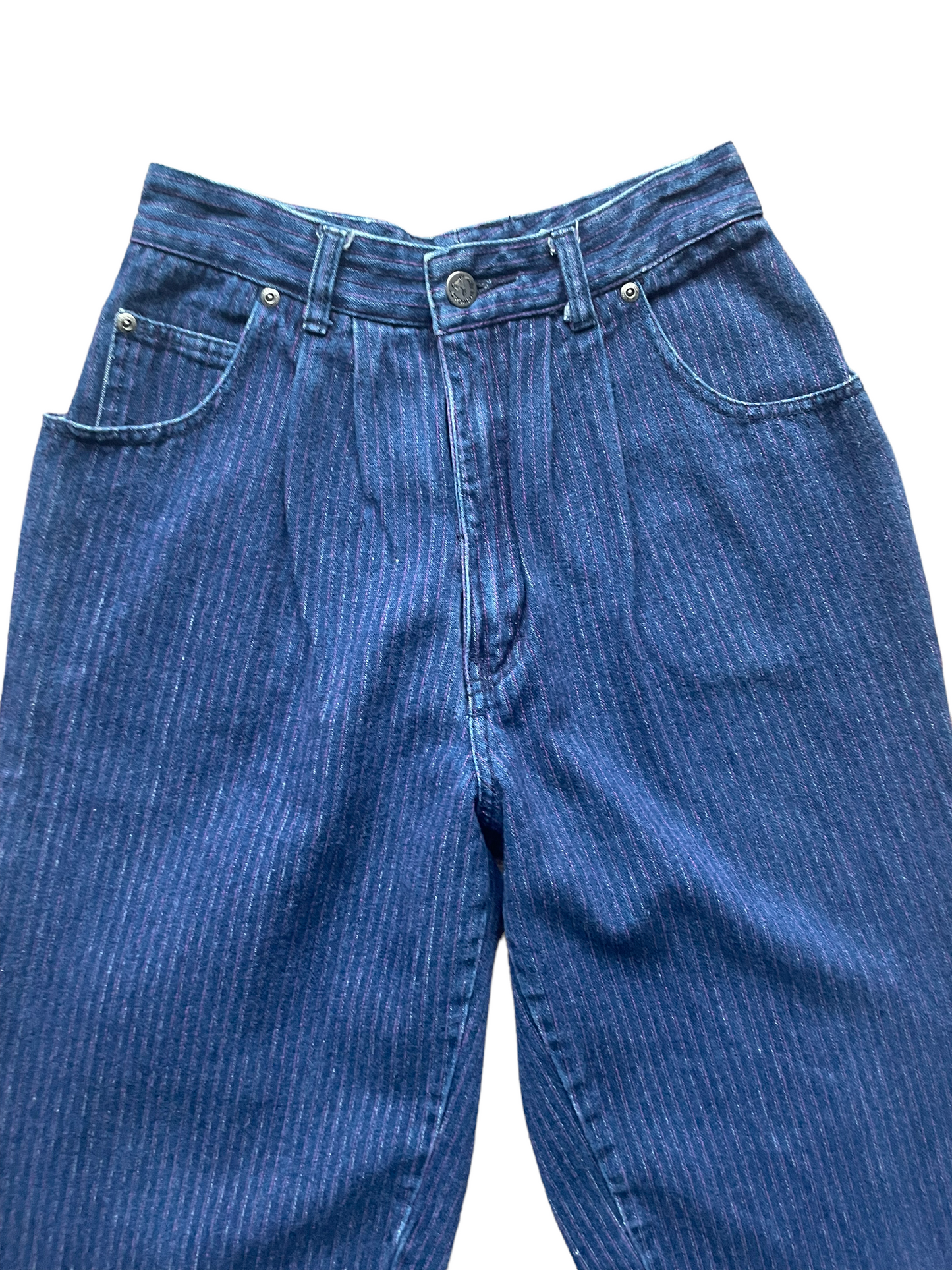 Front waist view of Vintage 1980s Ladies Purple Pinstripe Jordache Jeans | Barn Owl Seattle | Vintage Ladies Jeans and Denim