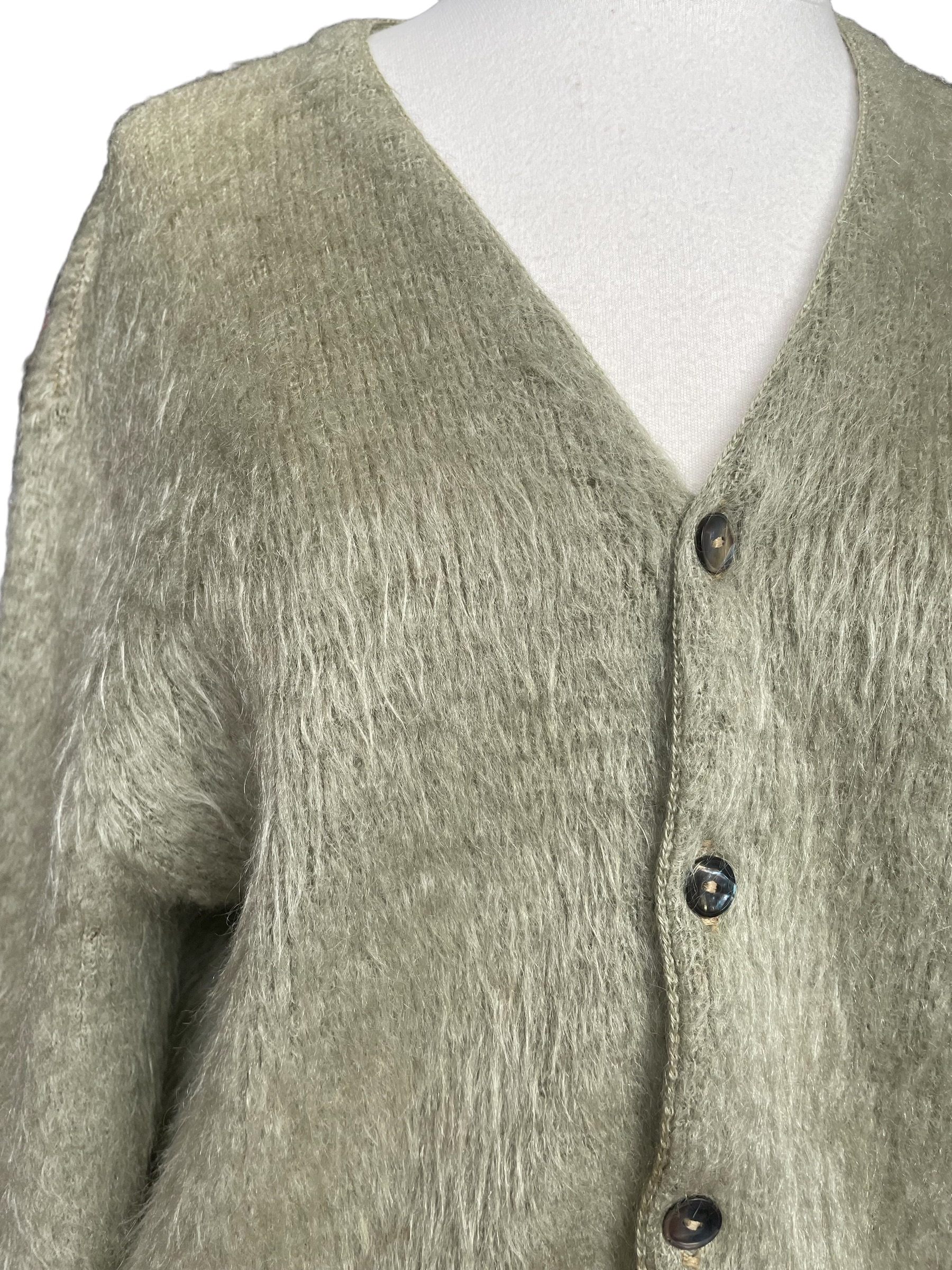 Front Right Side View of Vintage McGregor Powder Snow Mohair Cardigan SZ M | Barn Owl Vintage | Vintage Mohair Cardigan