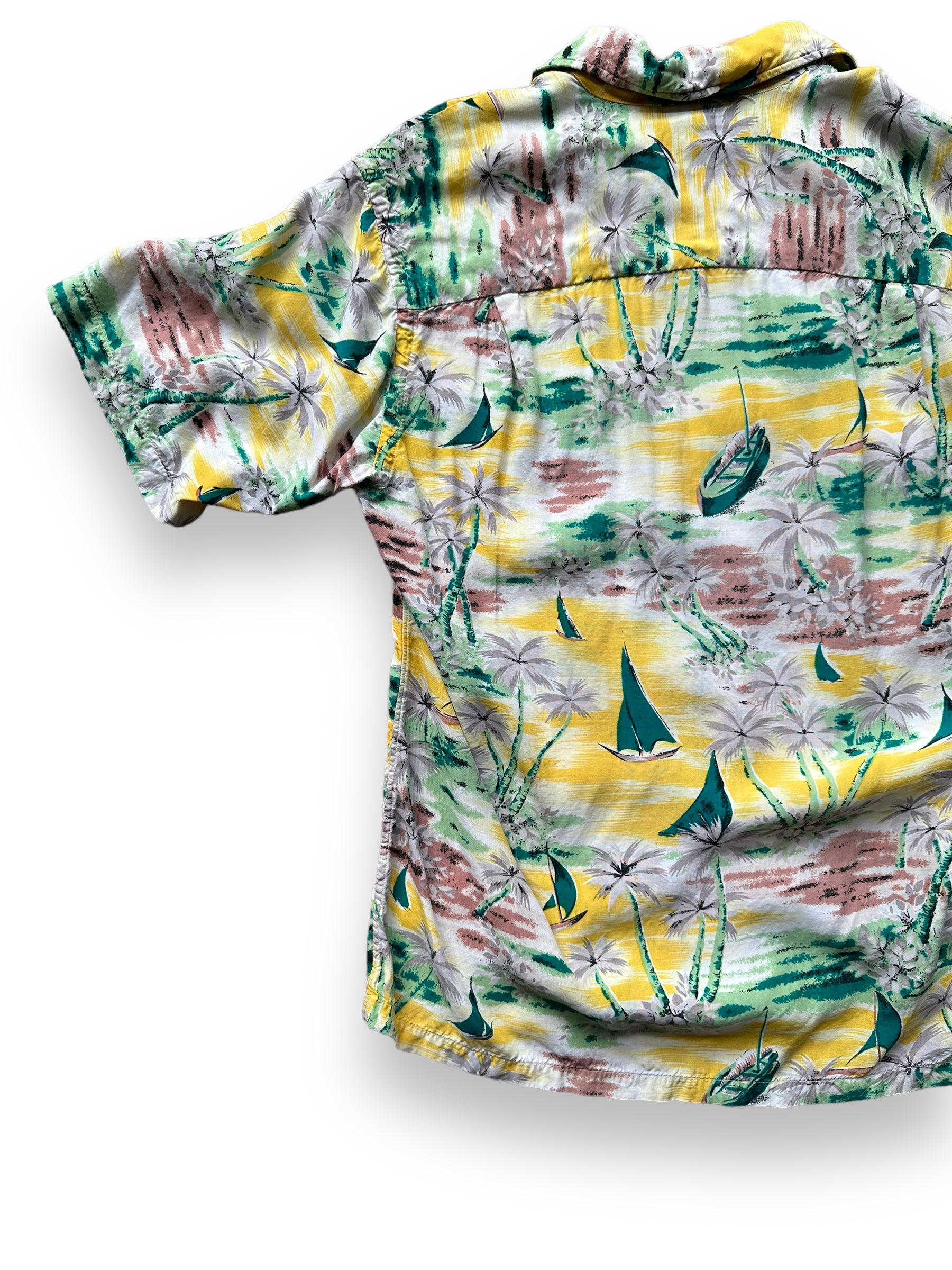 Rear Left View of Vintage Yellow Aloha Rayon Shirt SZ S | Seattle Vintage Rayon Hawaiian Shirt | Barn Owl Vintage Clothing Seattle