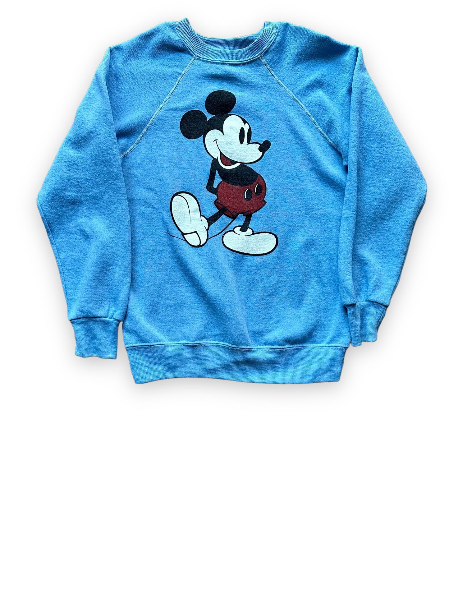 Front View of Vintage Disney Mickey Mouse Light Blue Sweatshirt SZ S | Vintage Crewneck Sweatshirt Seattle | Barn Owl Vintage Seattle