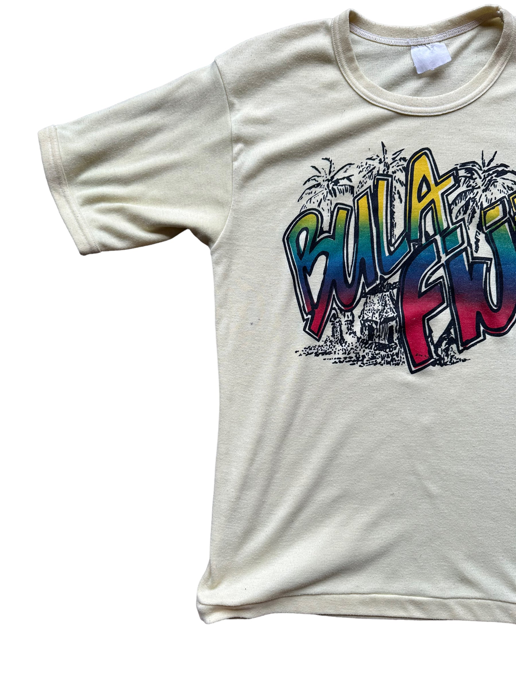 Front Right View of Vintage Bula Fiji Yellow Graphic Tee SZ L | Vintage T-Shirts Seattle | Barn Owl Vintage Tees Seattle