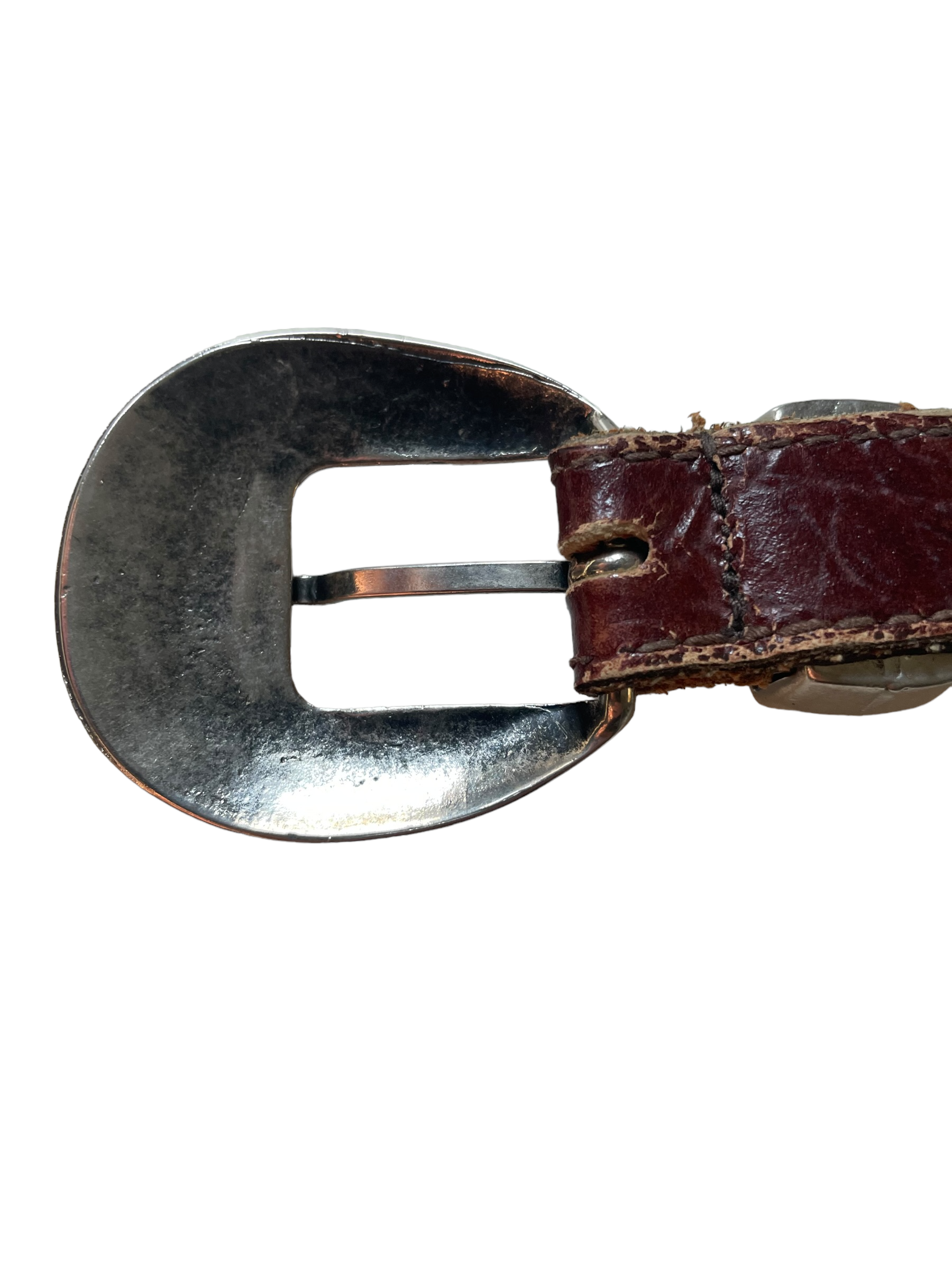 Vintage Leather Belt with Silver Buckle Backside of buckle. 